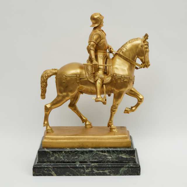 Large Italian Gilt Bronze Equestrian Group of the Condottiere Bartolomeo Colleoni, 20th century