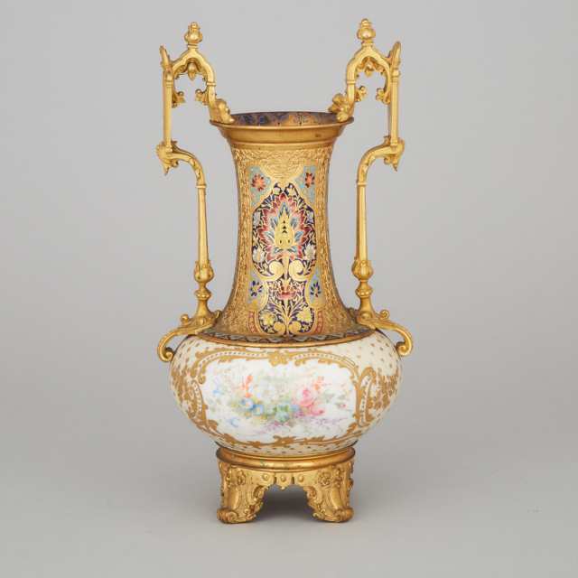 French Champlevé Enameled Ormolu Mounted Two-Handled Vase, probably 'Sèvres', c.1900