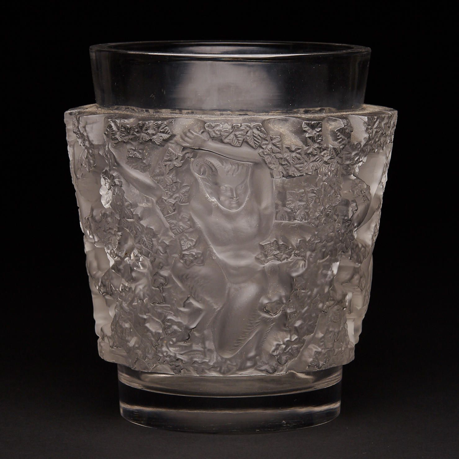 ‘Bacchus’, Lalique Moulded and Partly Frosted Glass Vase, post-1945