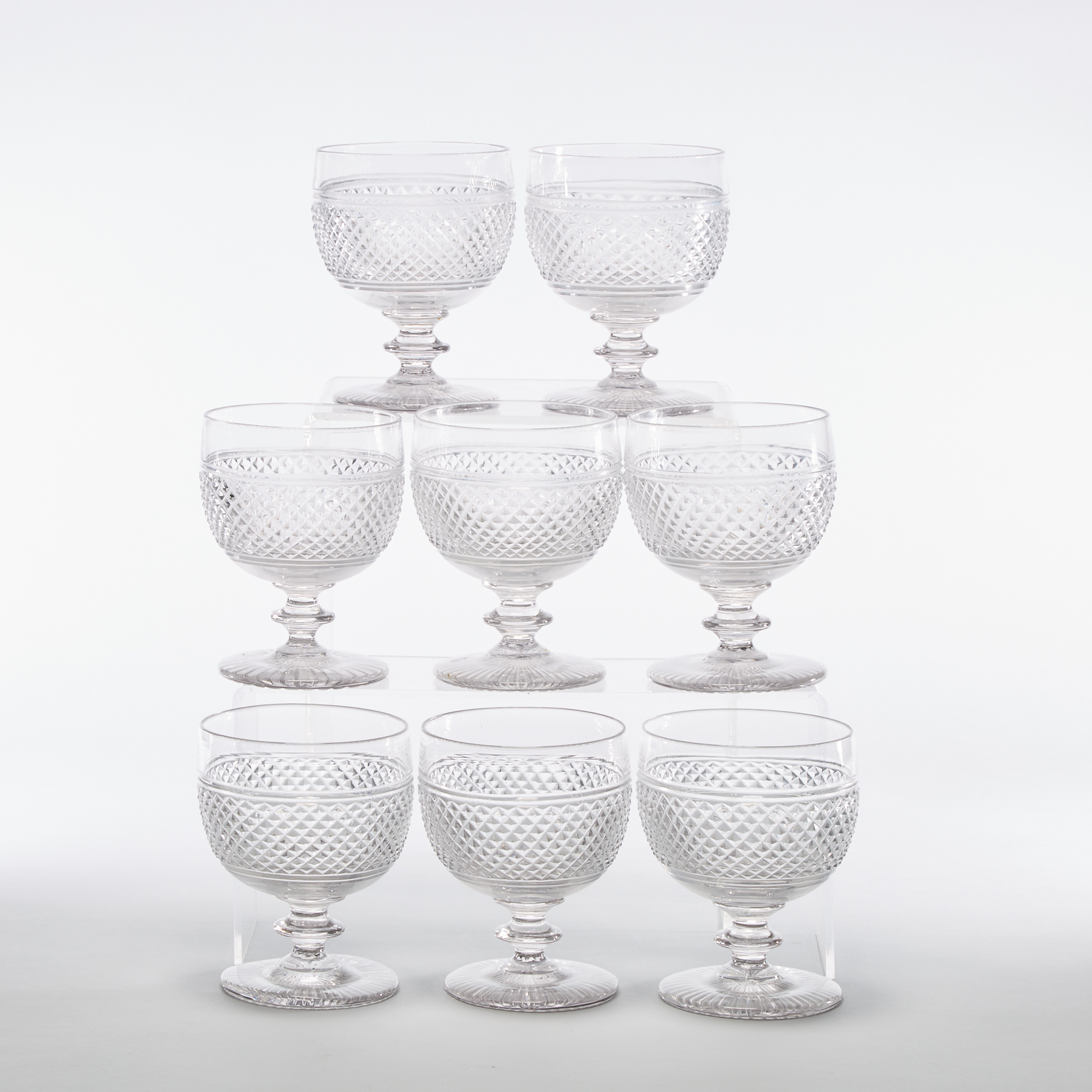 Eight Anglo-Irish Cut Glass Water Goblets, 19th century