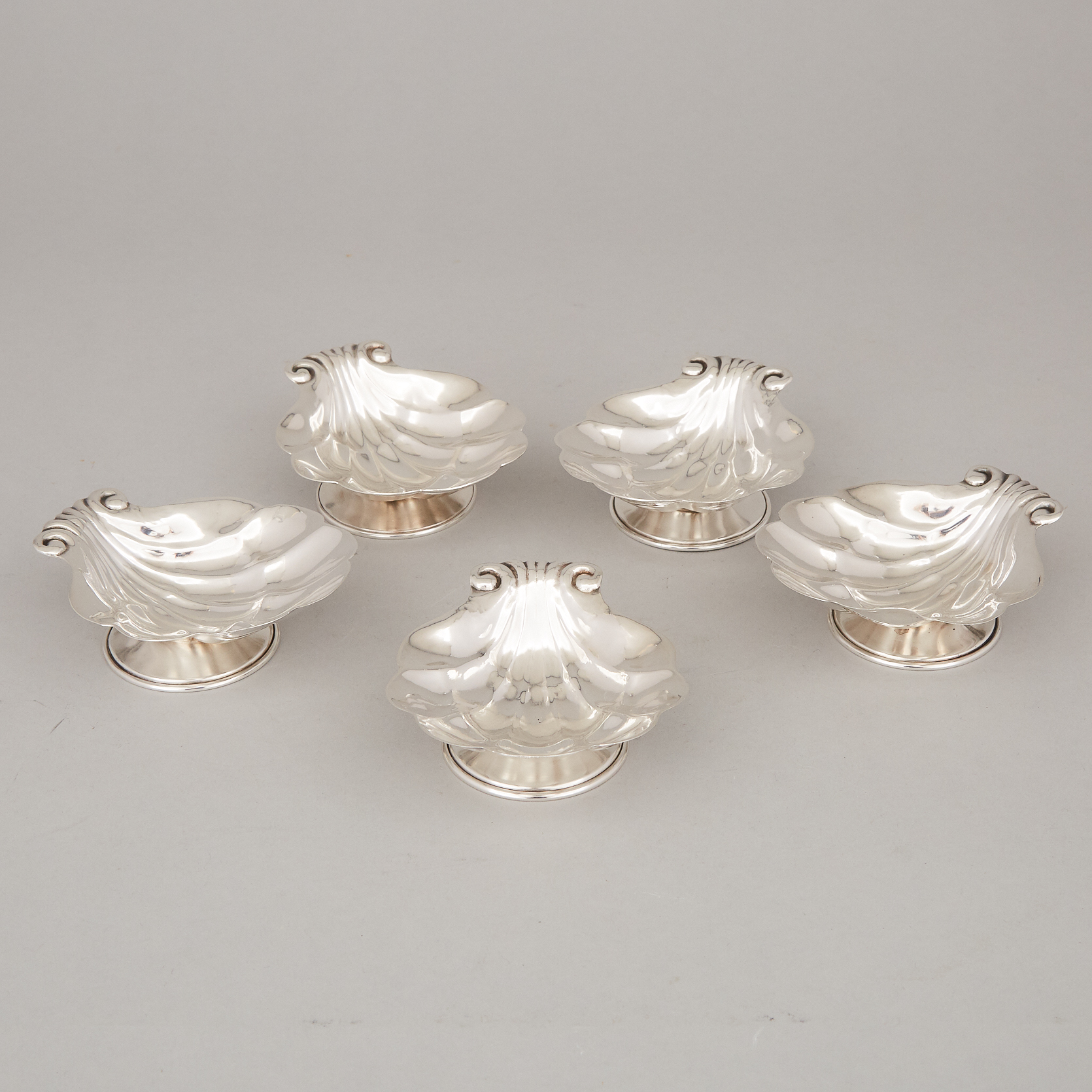 Five Canadian Silver Shell Shaped Nut Dishes, Carl Poul Petersen, Montreal, Que., mid-20th century