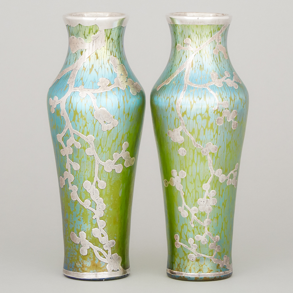 Pair of Loetz Engraved Silver Overlaid 'Papillon' Iridescent Glass Vases, c.1900
