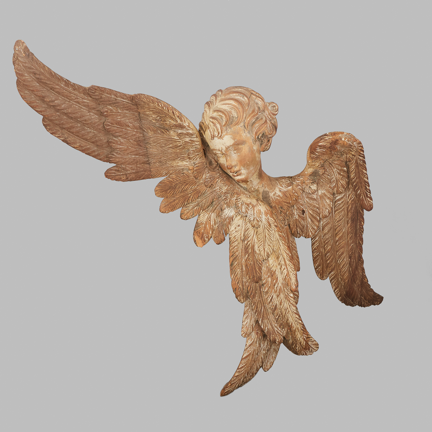 Large Italian Giltwood Angel Form Architectural Overdoor Remnant, 19th century