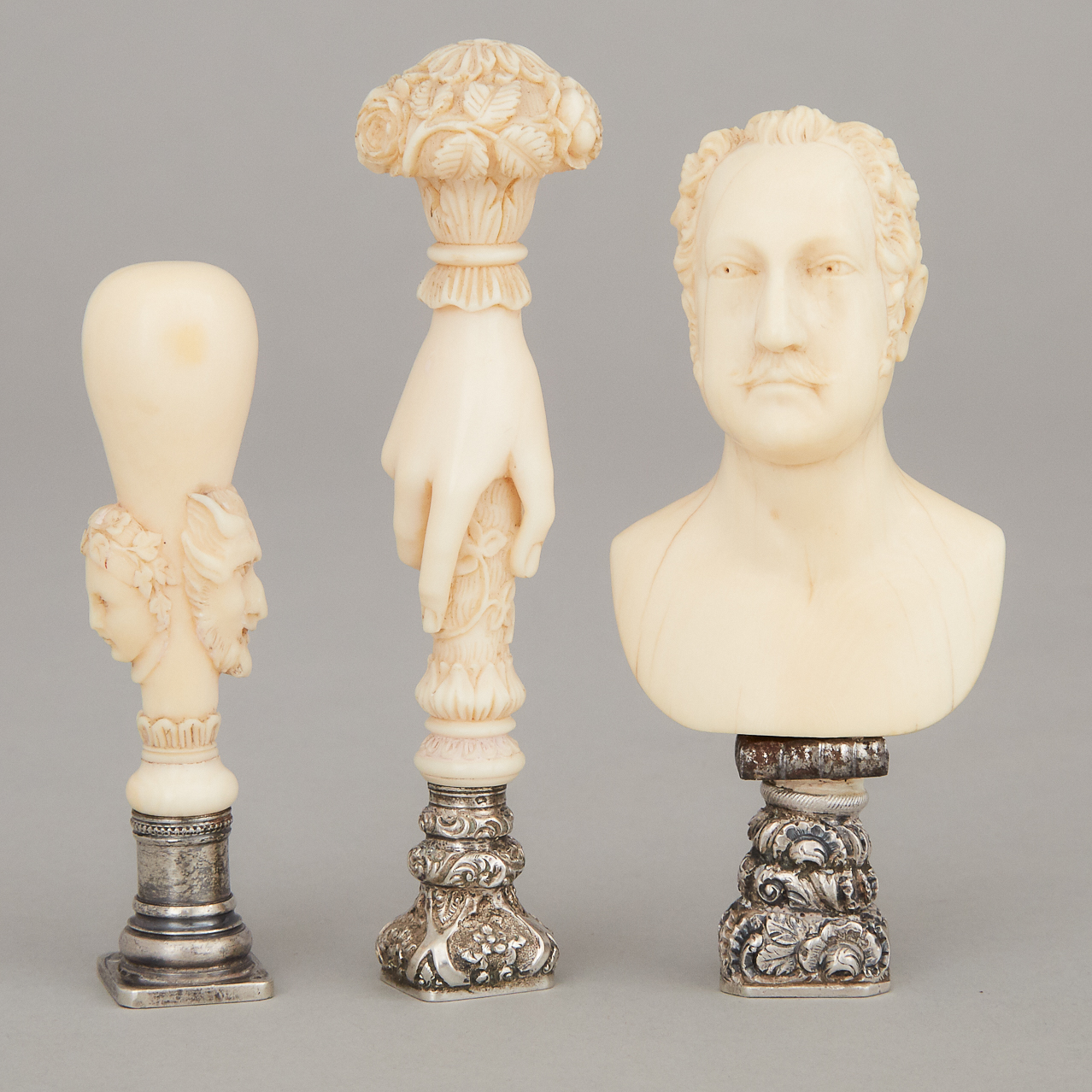 Three Victorian Silver Mounted Ivory Desk Seals, mid 19th century