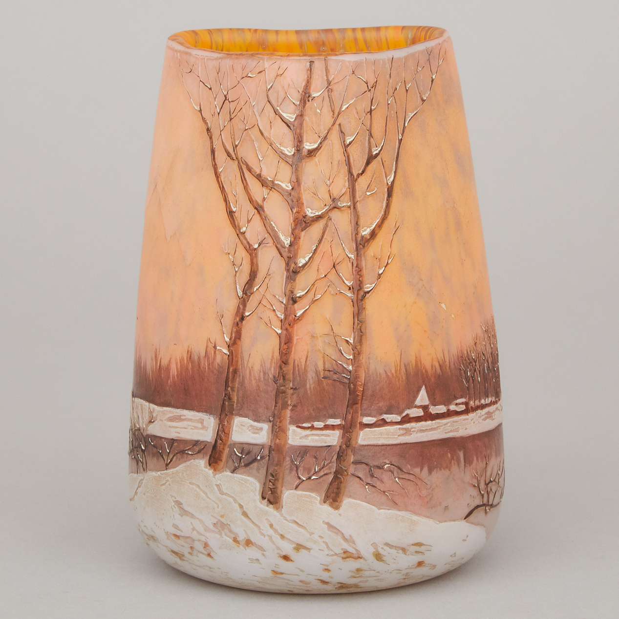 Legras Enameled Cameo Glass Winter Landscape Vase, early 20th century