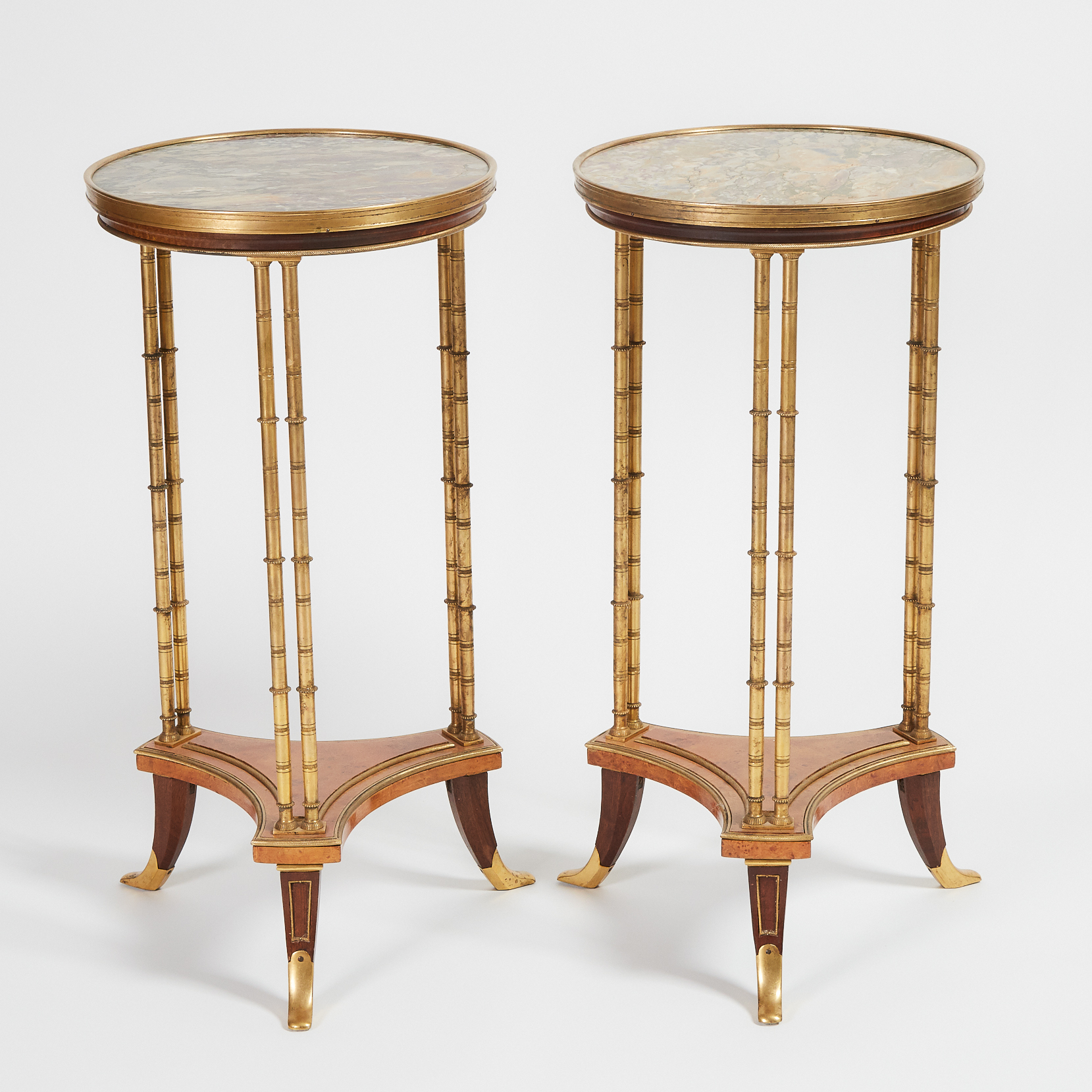 Pair of French Gilt Bronze, Burl Walnut and Rosewood Marble Topped Guéridon Tables, early 20th century