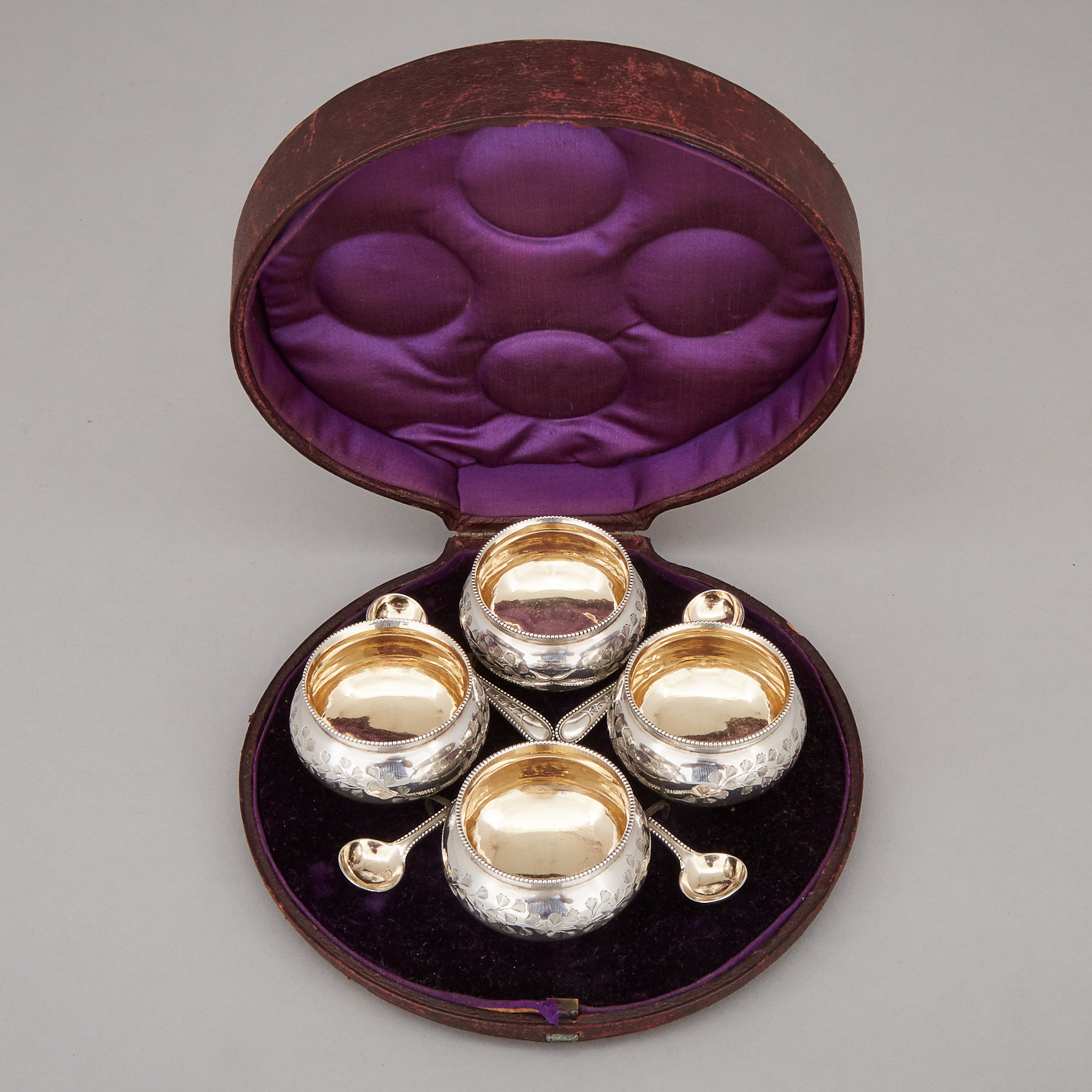 Set of Four Victorian Silver Salt Cellars with Spoons, Henry John Lias & Son, London, 1875