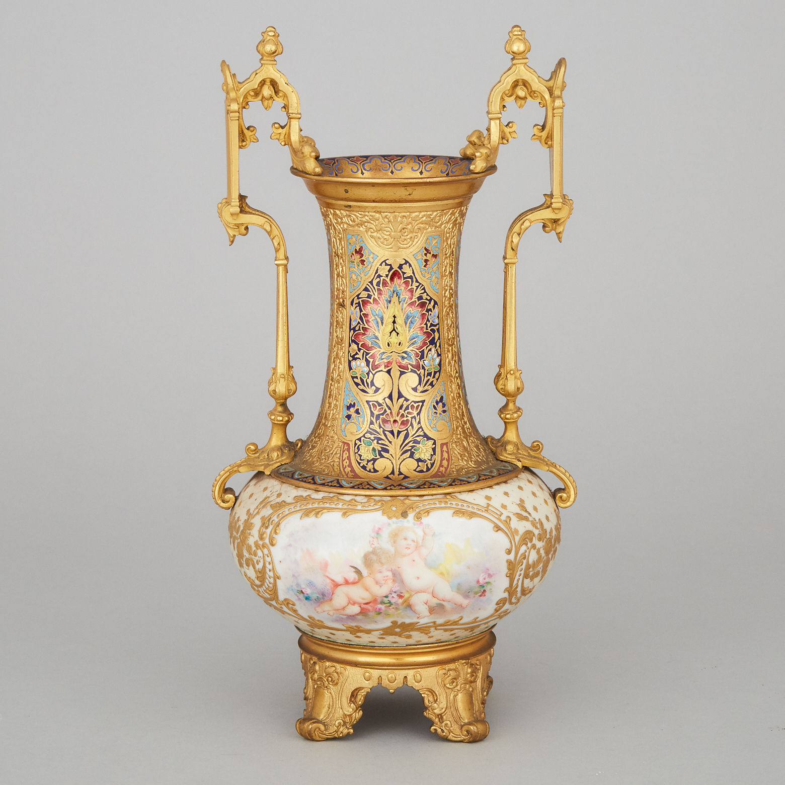 French Champlevé Enameled Ormolu Mounted Two-Handled Vase, probably 'Sèvres', c.1900