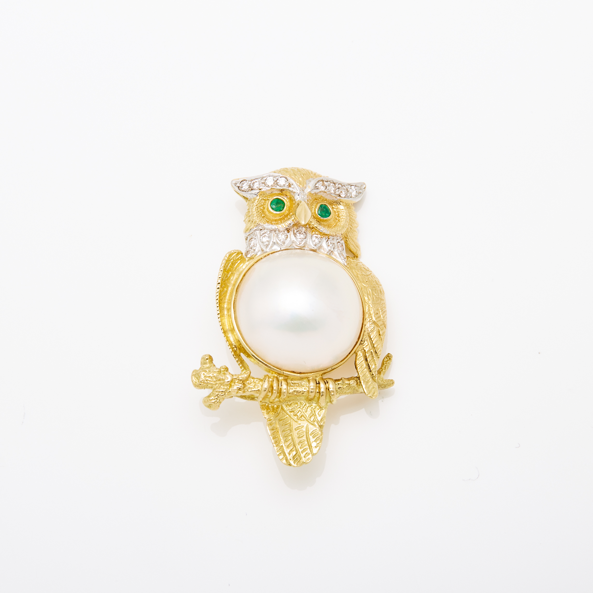18k Yellow And White Gold Owl Brooch