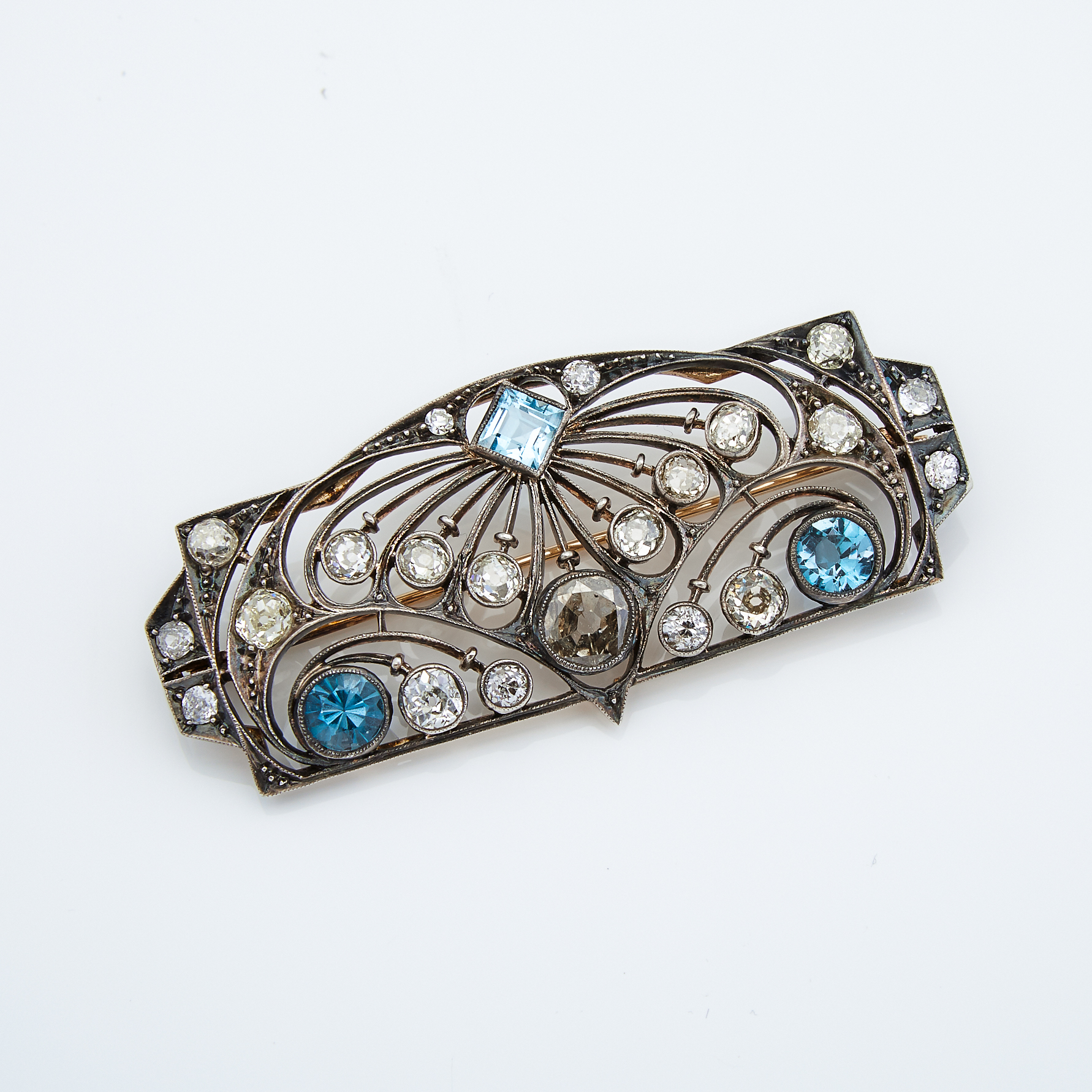 14K Yellow Gold and Silver Filigree Brooch