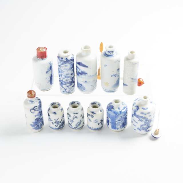 A Group of Eleven Blue and White Snuff Bottles, 19th/20th Century