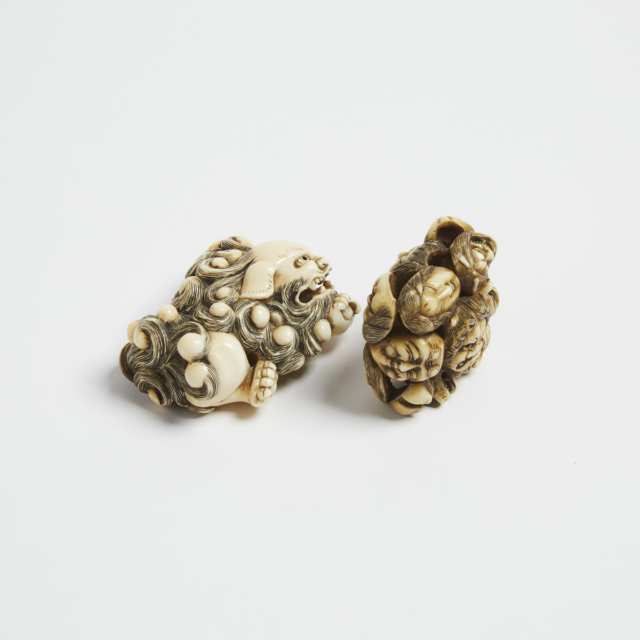 Two Ivory Netsuke of a Shishi and a Cluster of Masks, 19th Century