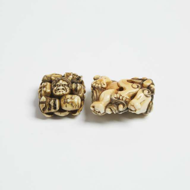 Two Ivory Netsuke of a Shishi and a Cluster of Masks, 19th Century