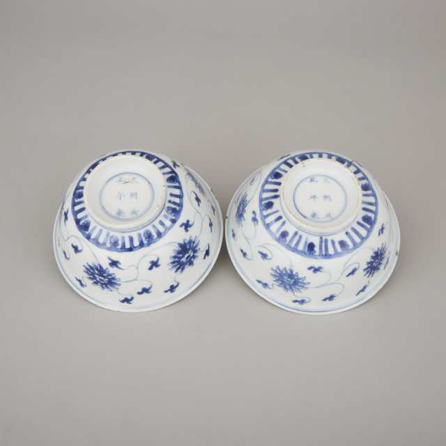 A Pair of Blue and White 'Peony' Bowls, Chenghua Mark, Kangxi Period (1662-1722)