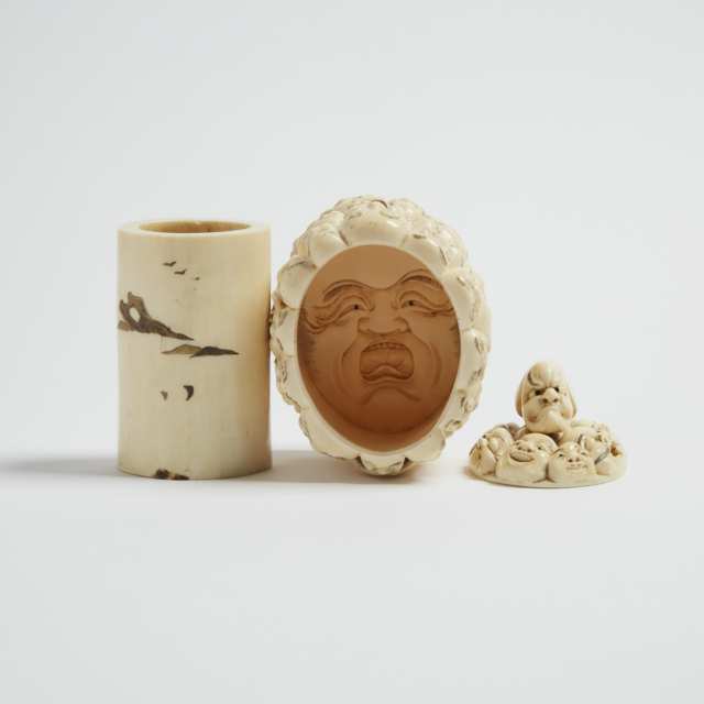 An Ivory Brushpot and 'Japanese Masks' Covered Box, Meiji Period