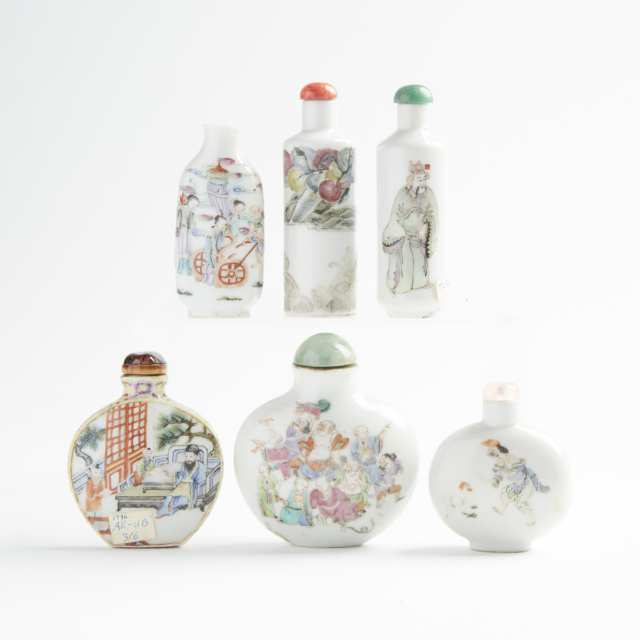 A Group of Six Enameled Porcelain Snuff Bottles, 19th/20th Century