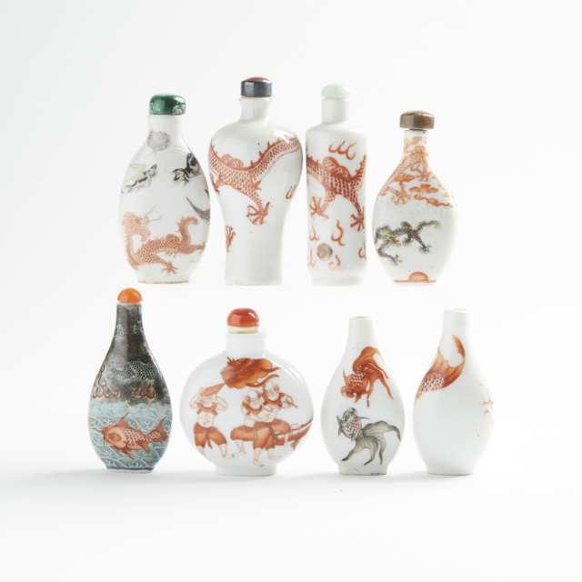A Group of Eight Iron-Red Decorated Porcelain Snuff Bottles, 19th/20th Century