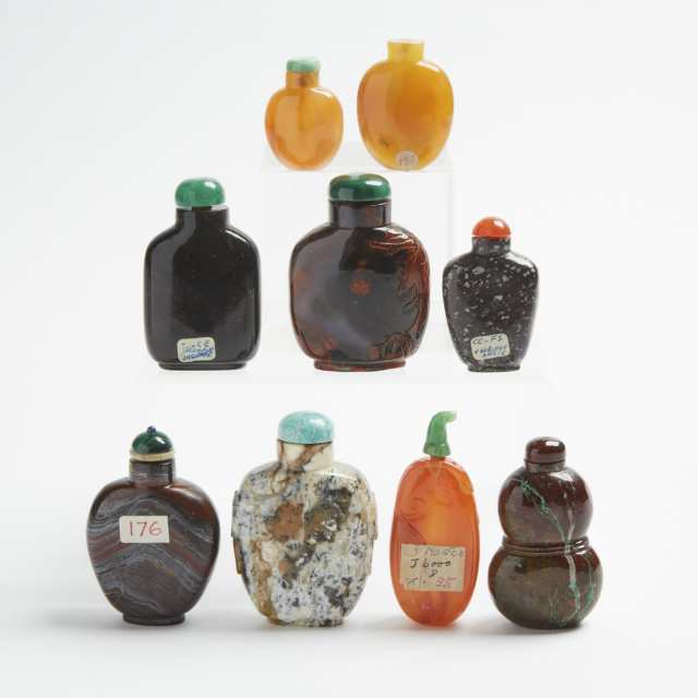 A Group of Nine Chalcedony Snuff Bottles, 19th/20th Century