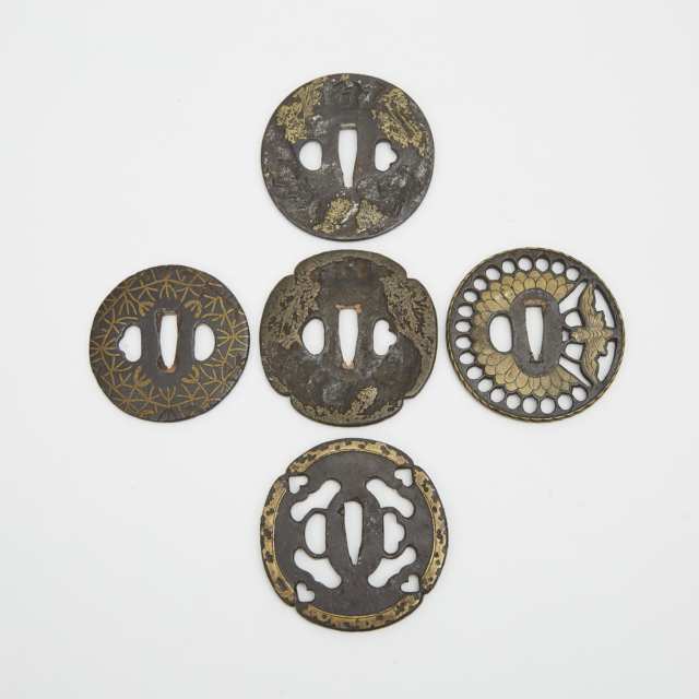 A Group of Five Iron Tsuba, Edo/Meiji Period