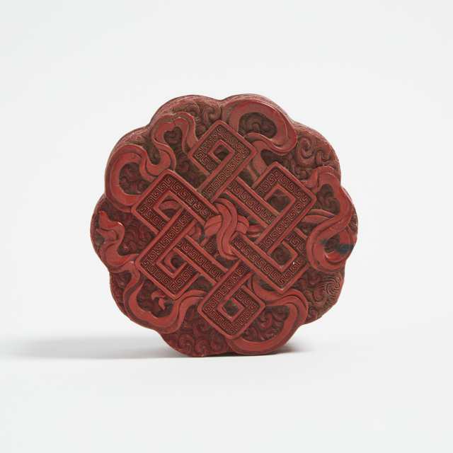 A Cinnabar Lacquer 'Endless Knot' Box and Cover, Qing Dynasty, 18th Century