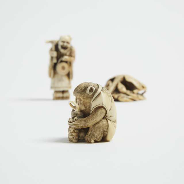 A Group of Three Ivory Carved Netsuke, Two Signed, 19th/Early 20th Century