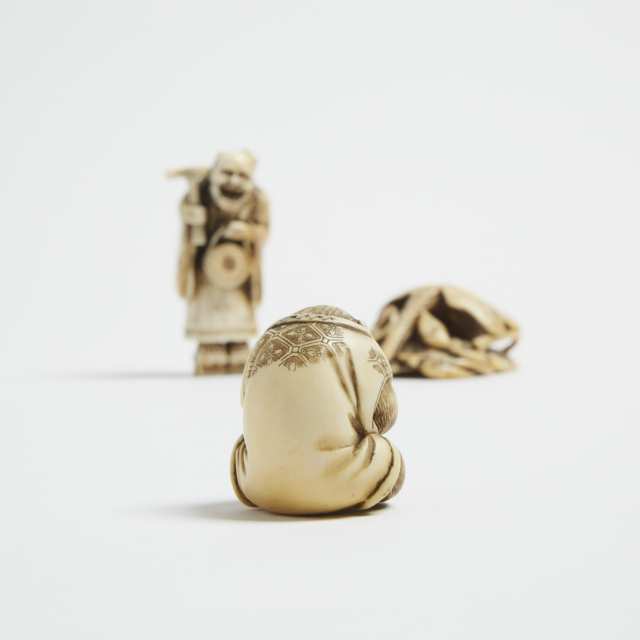 A Group of Three Ivory Carved Netsuke, Two Signed, 19th/Early 20th Century