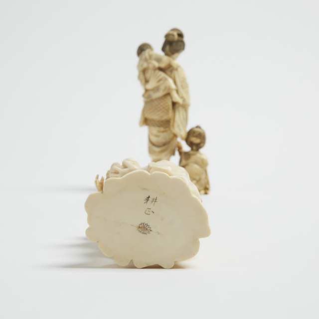Two Ivory Carved Okimono of Figures with Children, One Signed, Meiji Period