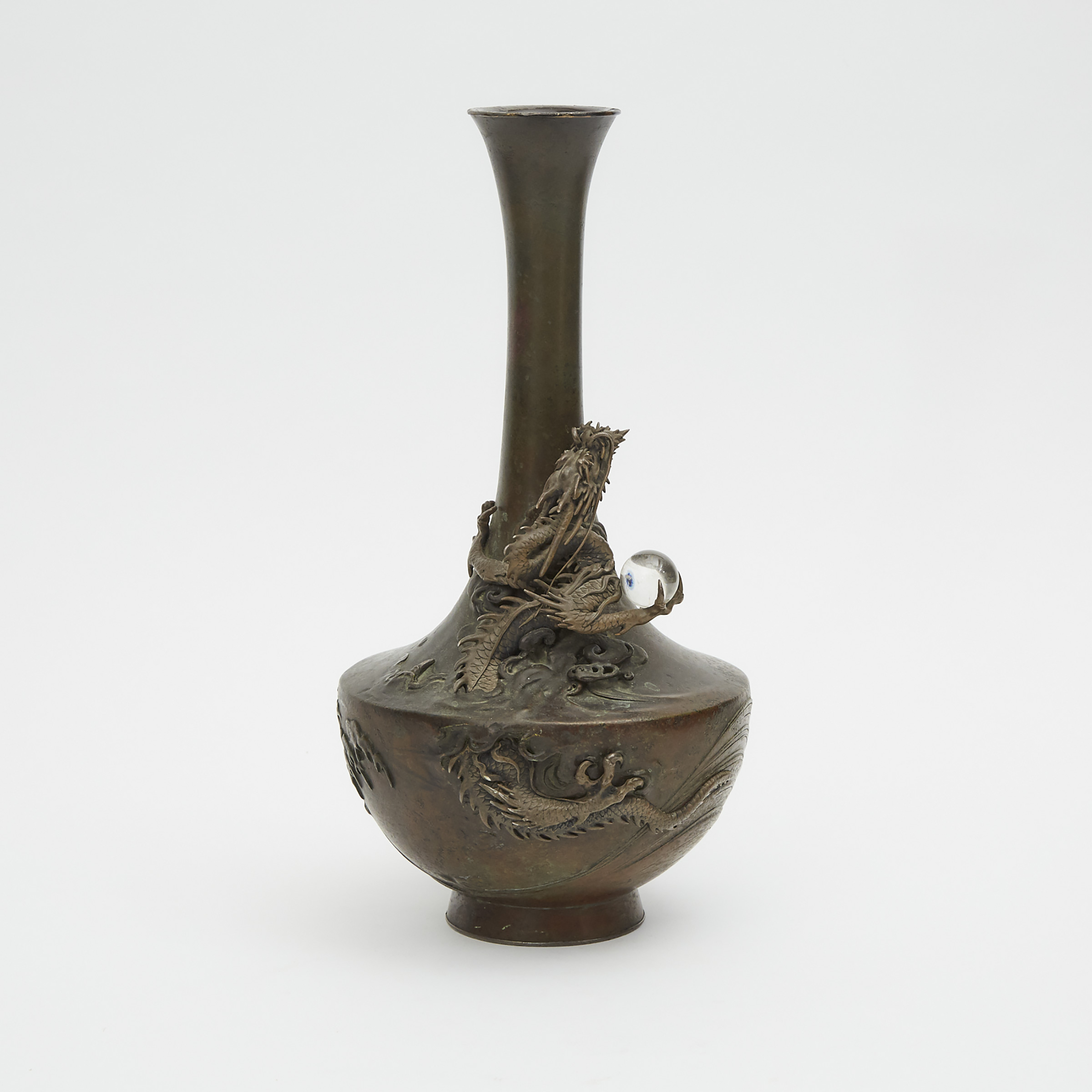 A Baluster Tall-Necked Bronze Dragon Vase, Meiji Period