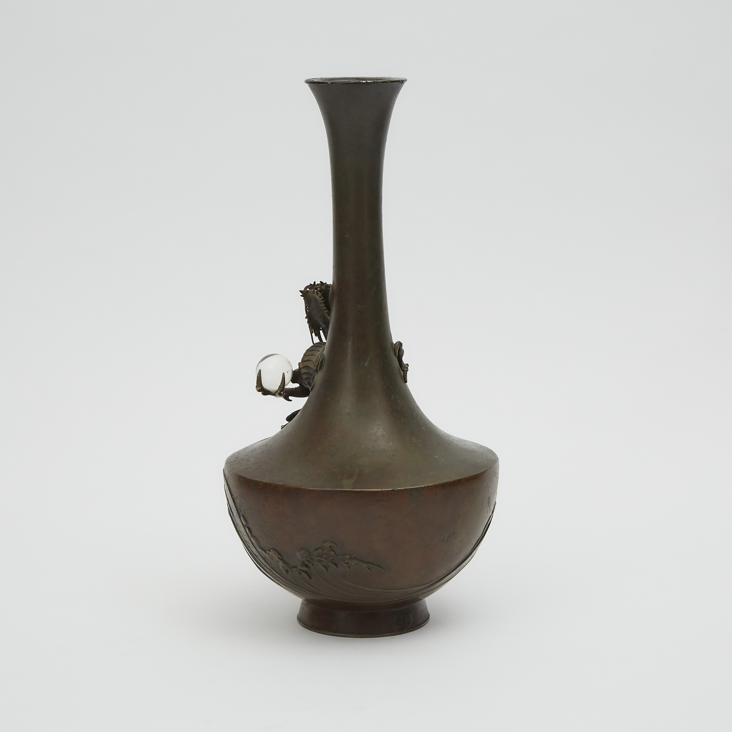 A Baluster Tall-Necked Bronze Dragon Vase, Meiji Period