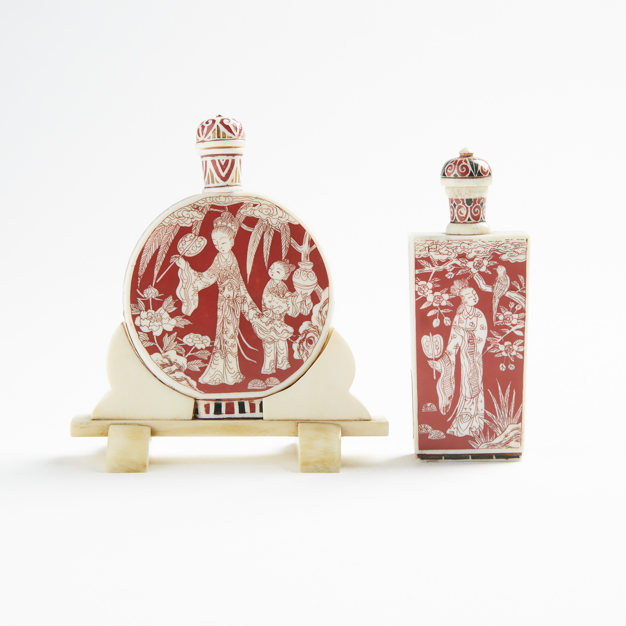 Two Polychrome Ivory Snuff Bottles, Late 19th/Early 20th Century