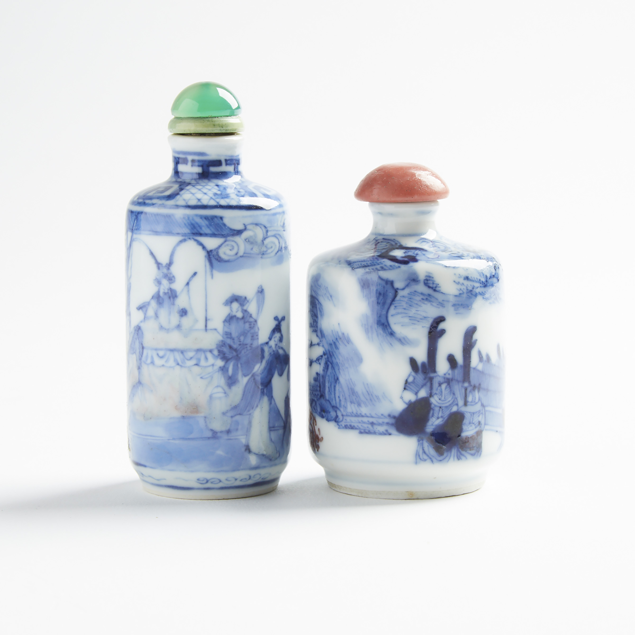 Two Copper Red Blue and White Snuff Bottles, 19th/Early 20th Century