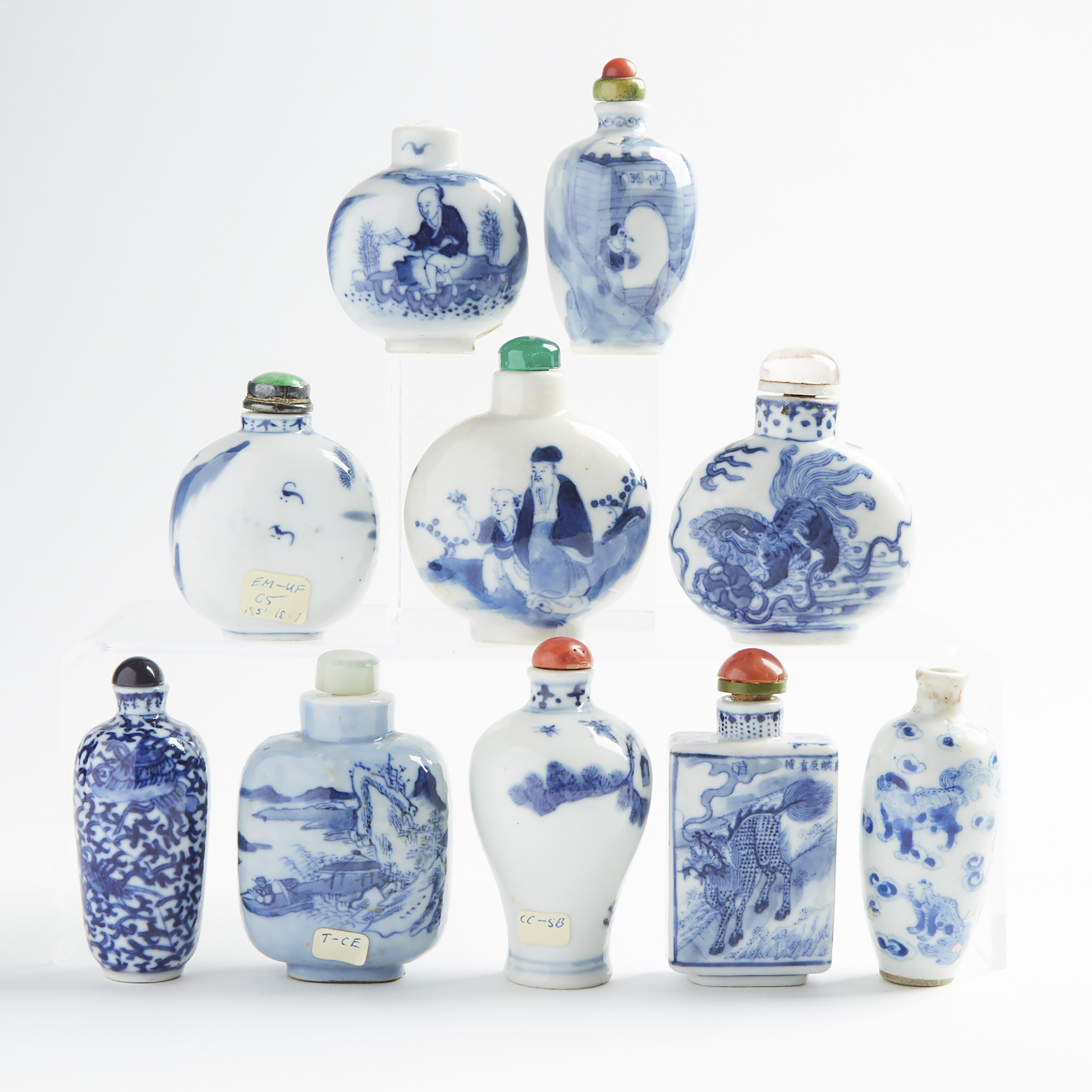 A Group of Ten Blue and White Snuff Bottles, 19th/20th Century