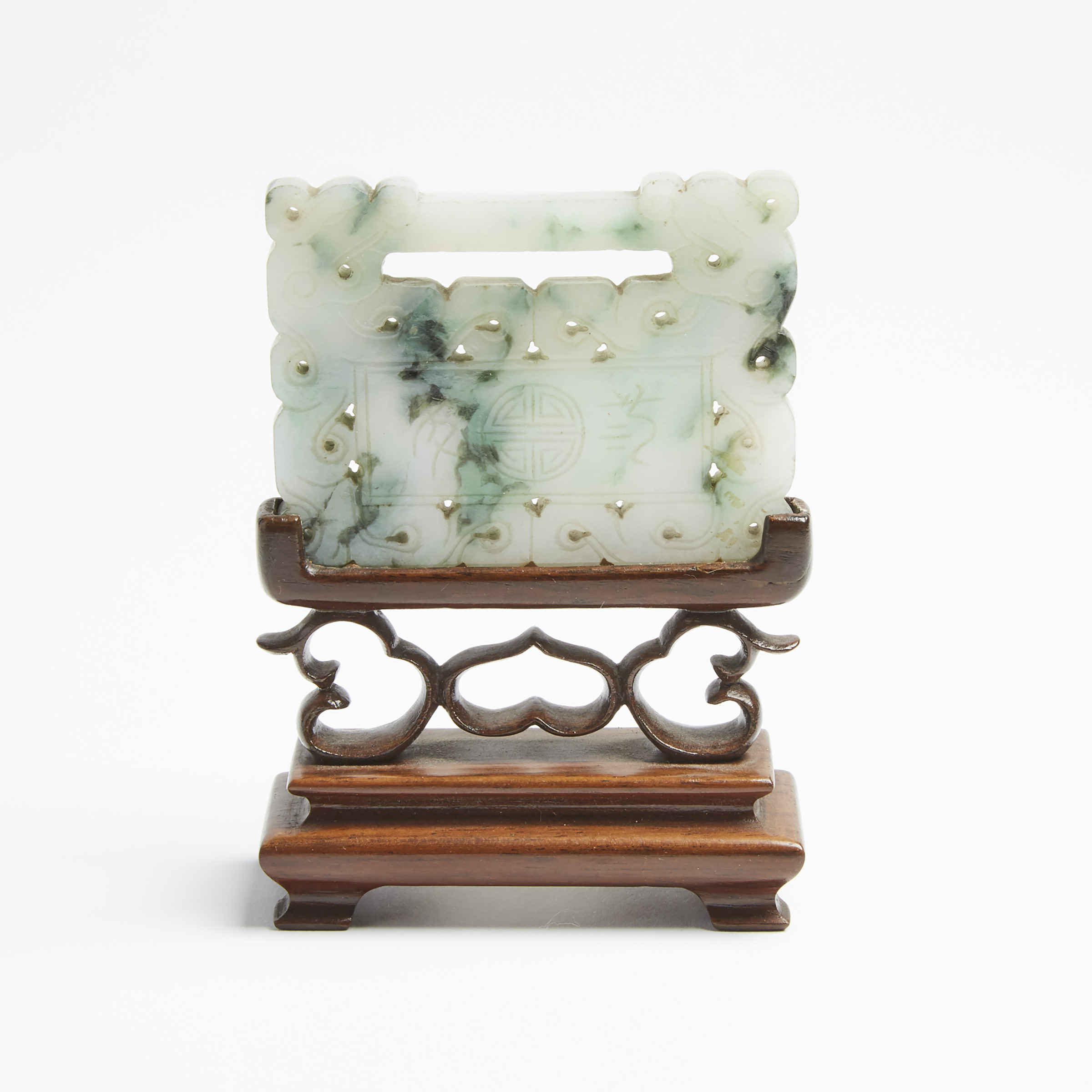 A Jadeite Rectangular Lock-Form Plaque with Stand, Late Qing Dynasty