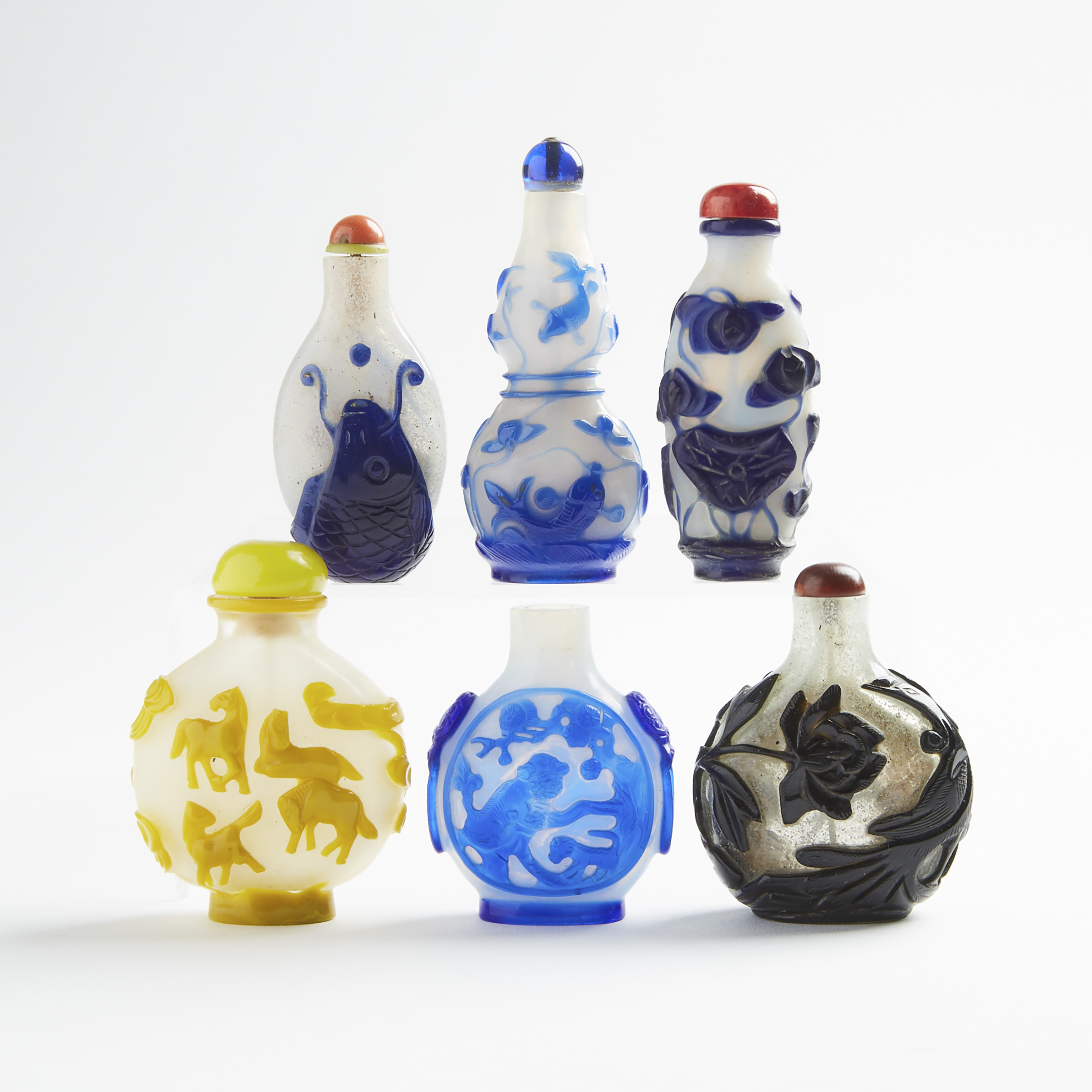 A Group of Six Various Colour Overlay Peking Glass Snuff Bottles, Late 19th/20th Century