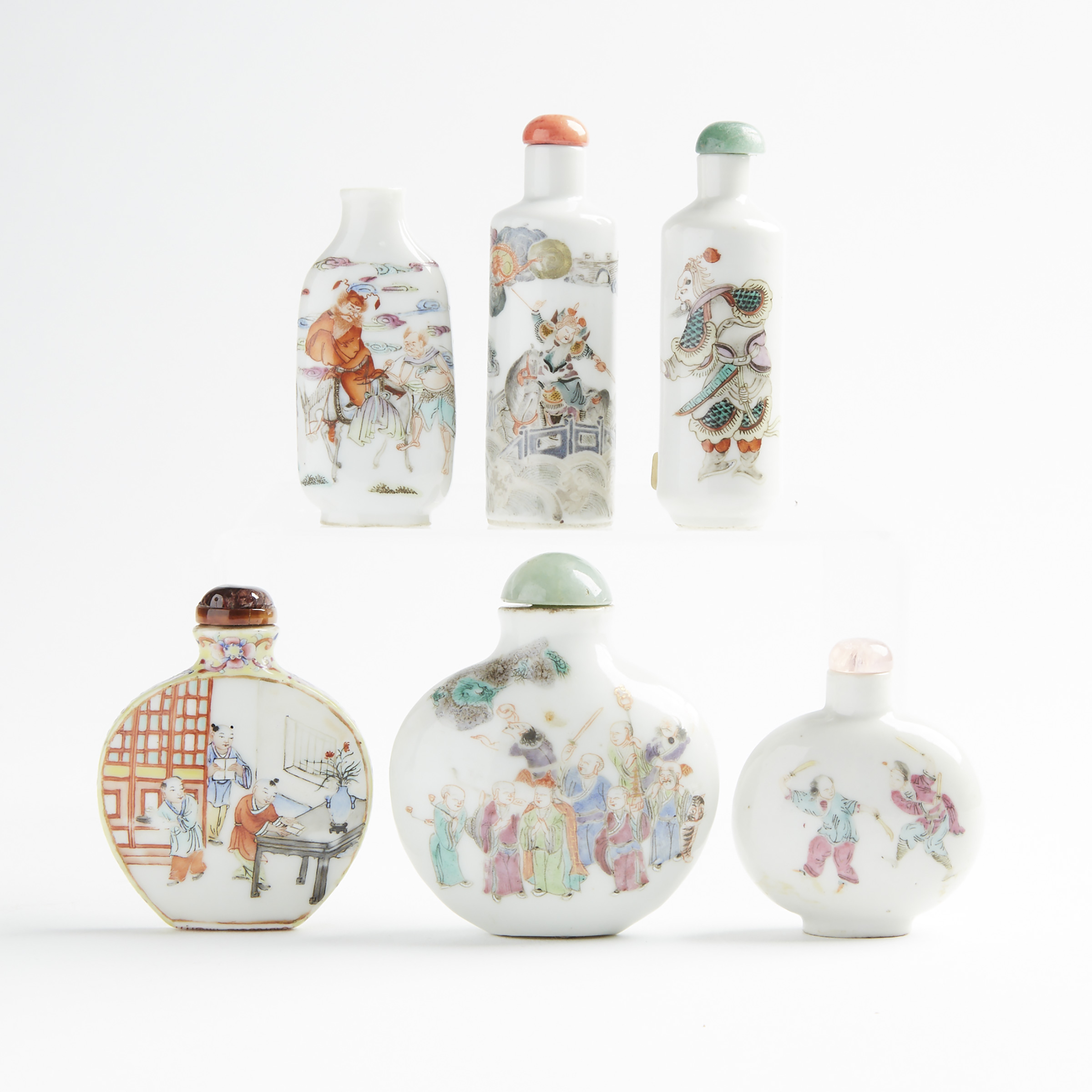 A Group of Six Enameled Porcelain Snuff Bottles, 19th/20th Century