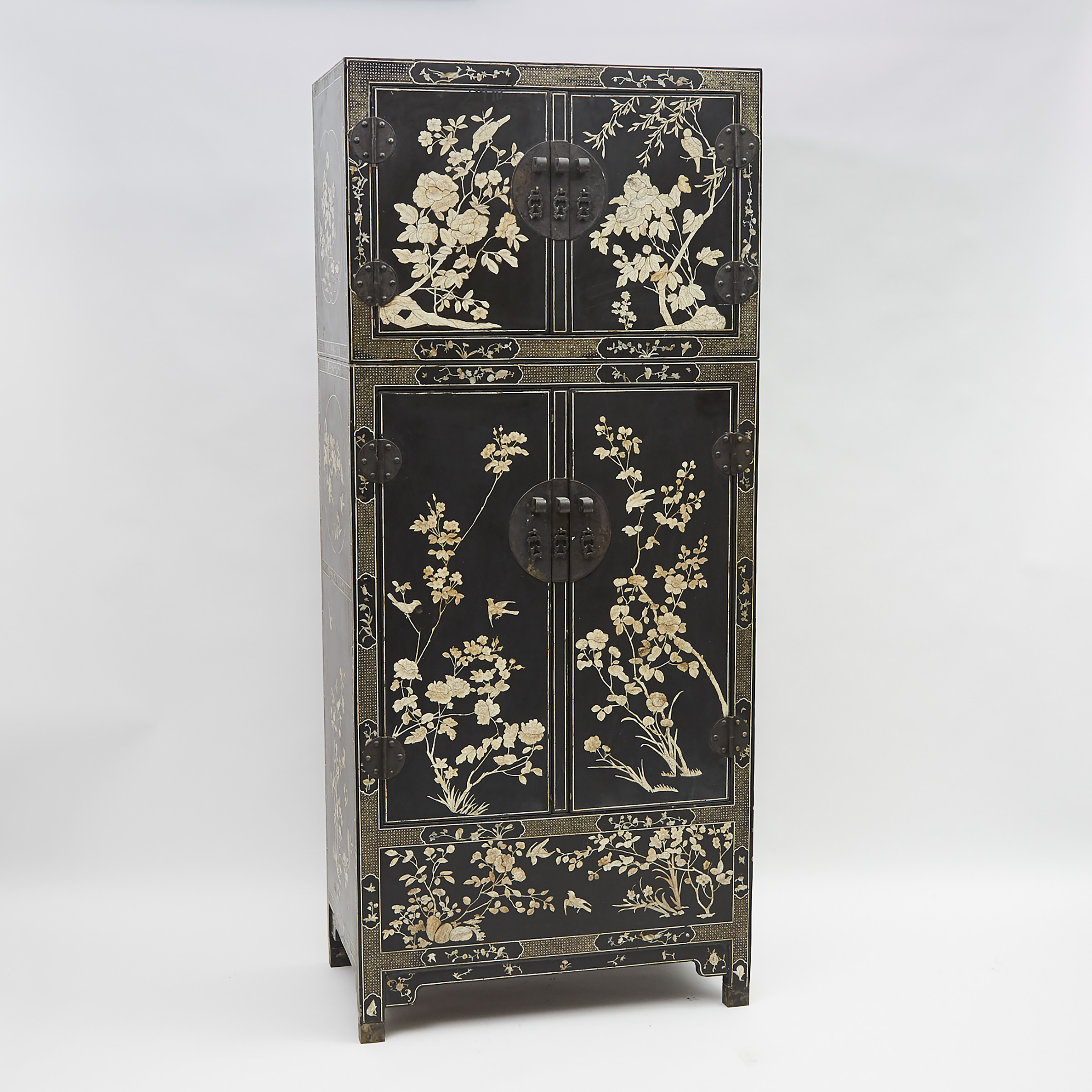 A Chinese Black Lacquer Mother-of-Pearl and Bone Inlaid Two-Tier Cabinet, Early 20th Century