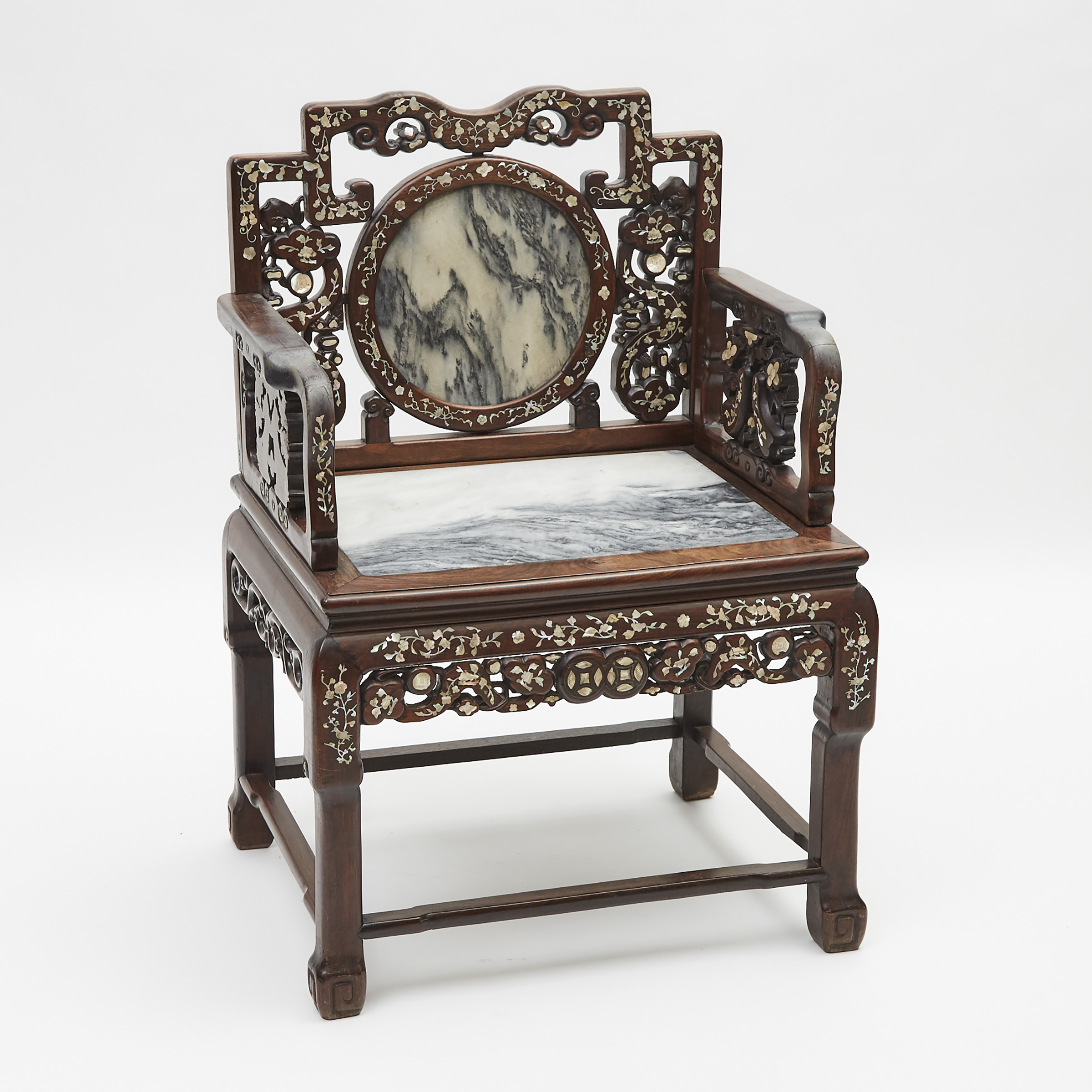 A Rosewood Mother-of-Pearl and Marble Inlaid Chair, Early 20th Century