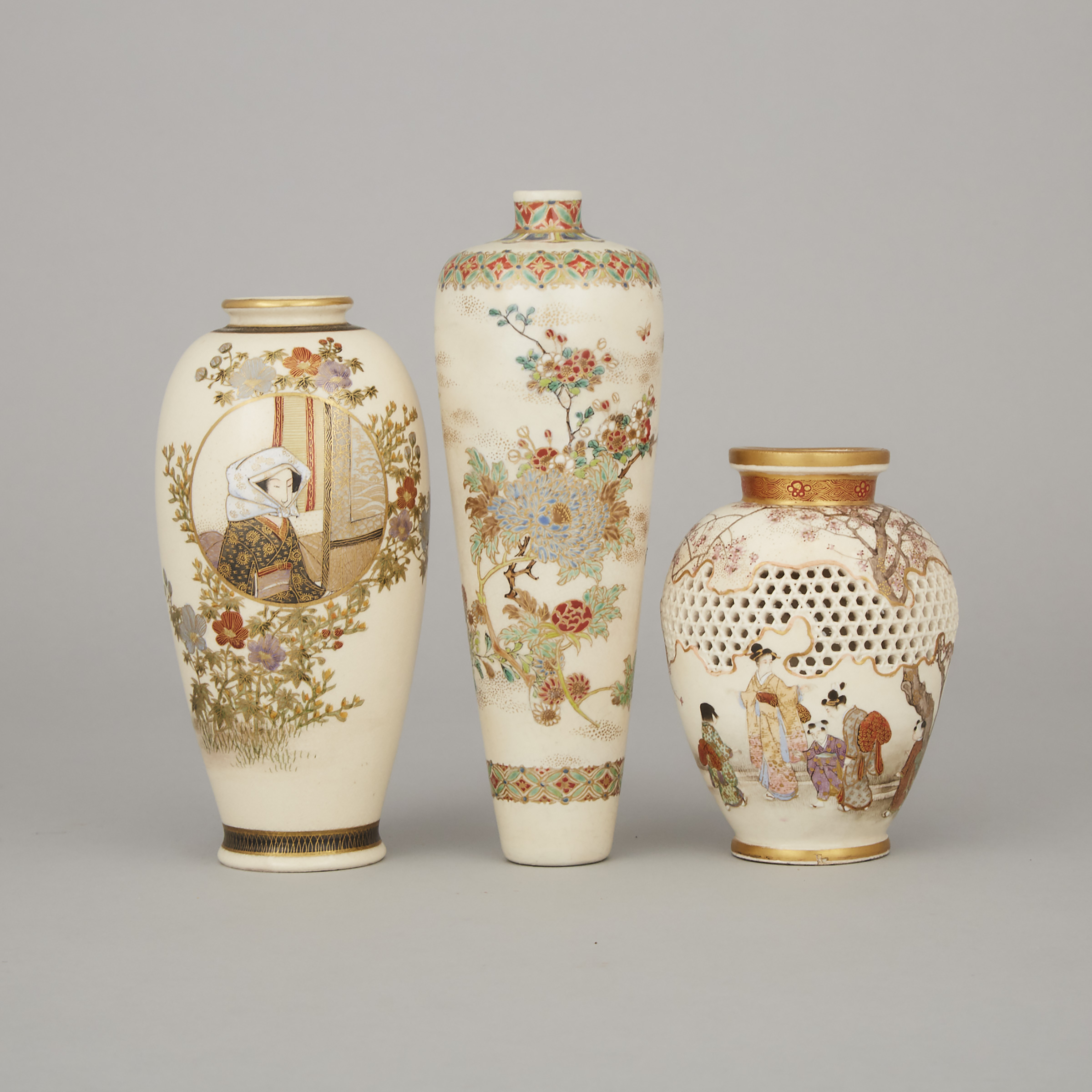 A Group of Three Satsuma Vases, Shuzan and Ryozan Marks, Meiji Period