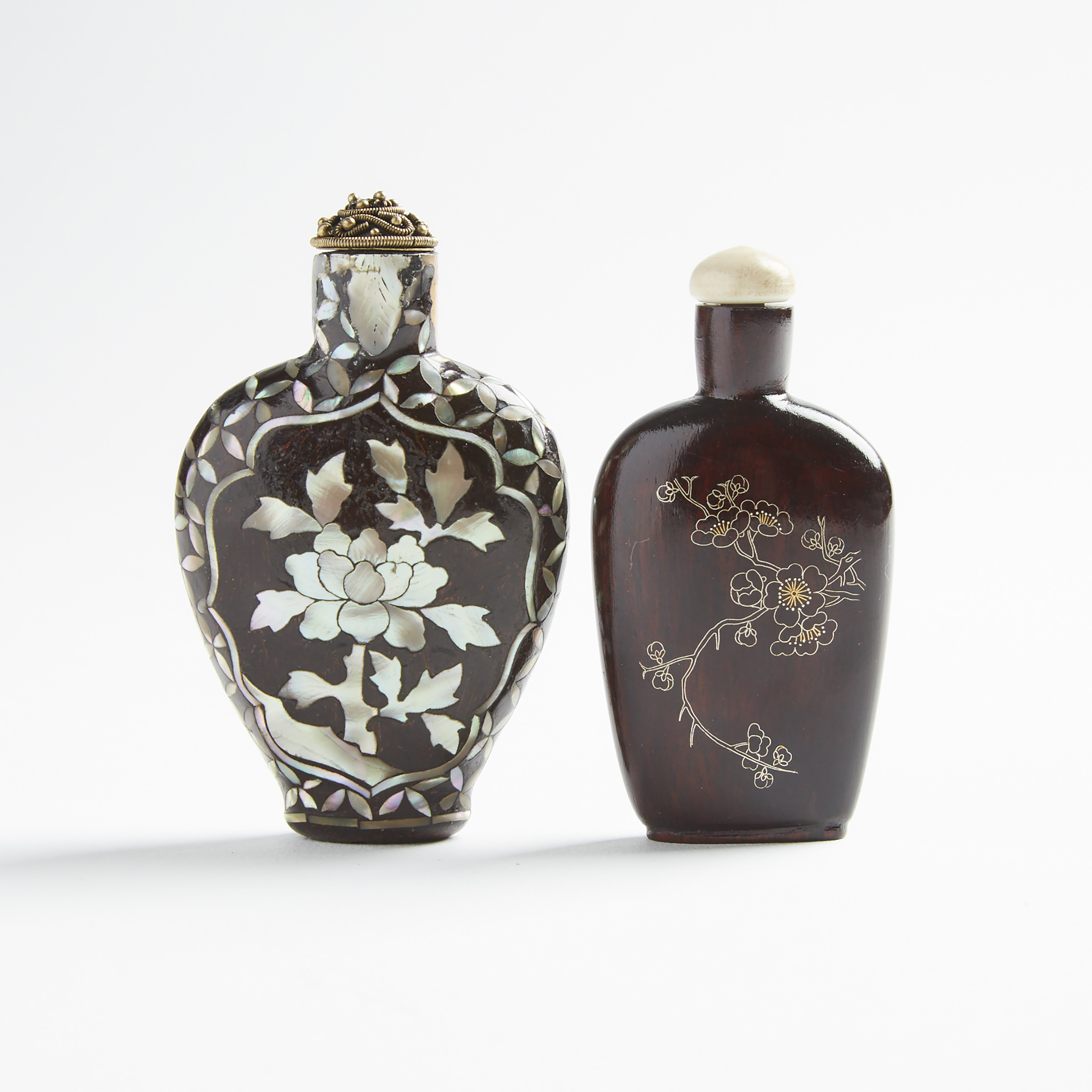 Two Inlaid Wood Snuff Bottles, 19th/20th Century