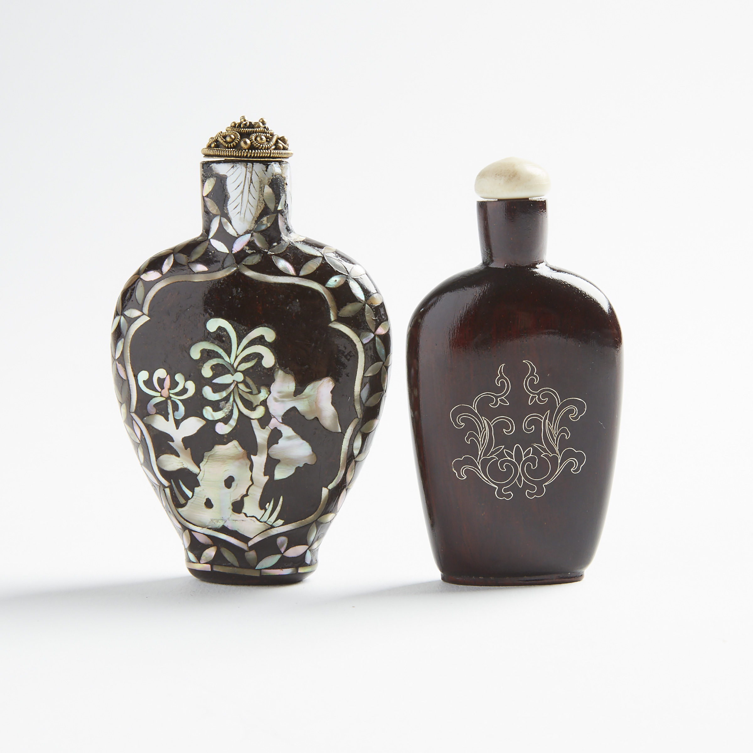 Two Inlaid Wood Snuff Bottles, 19th/20th Century