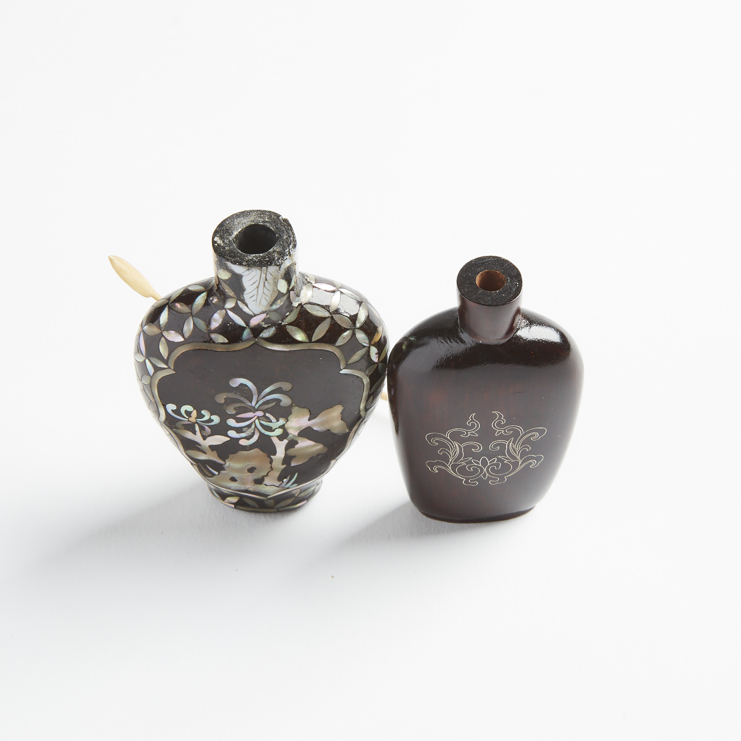 Two Inlaid Wood Snuff Bottles, 19th/20th Century