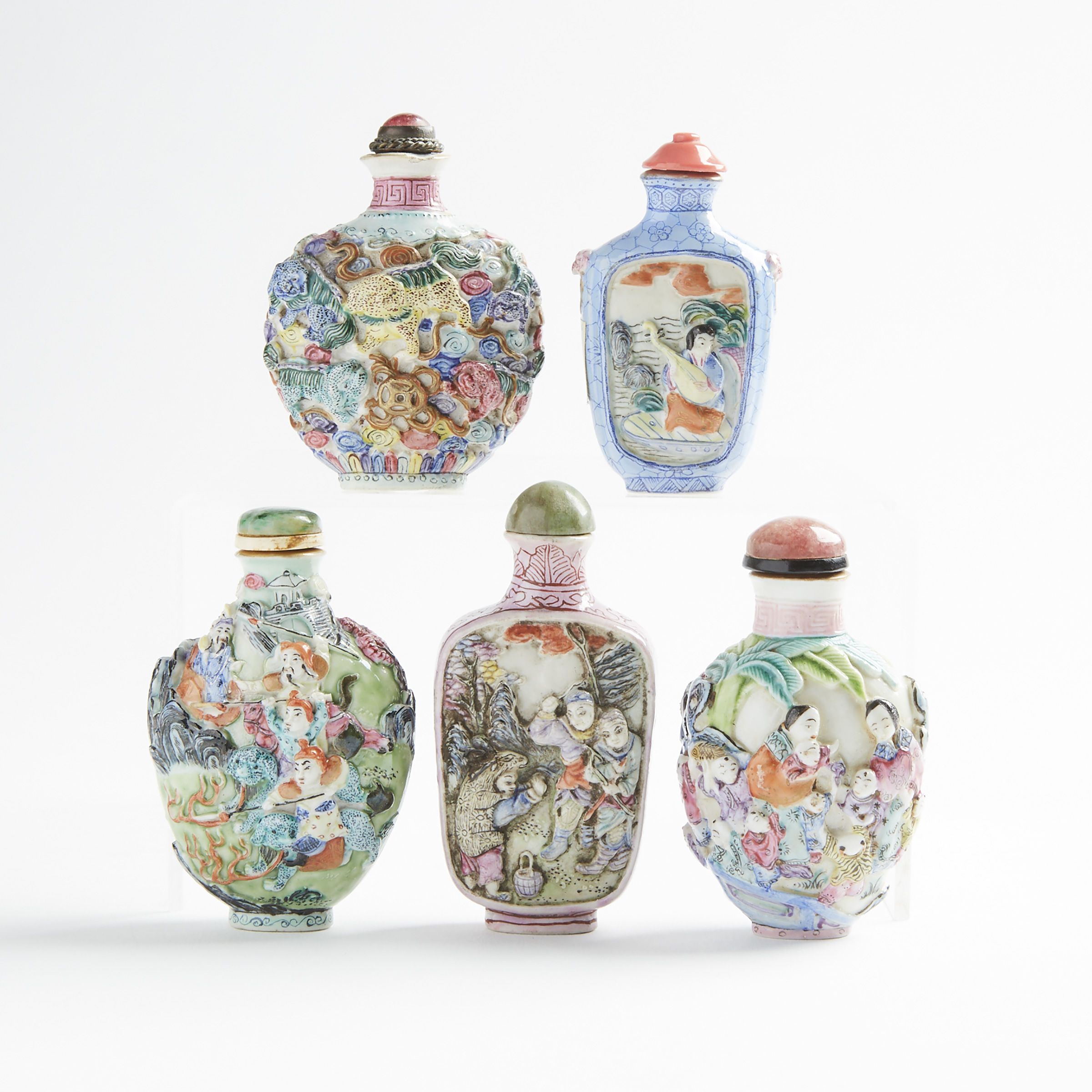 A Group of Five Famille Rose Moulded Snuff Bottles, 19th/Early 20th Century