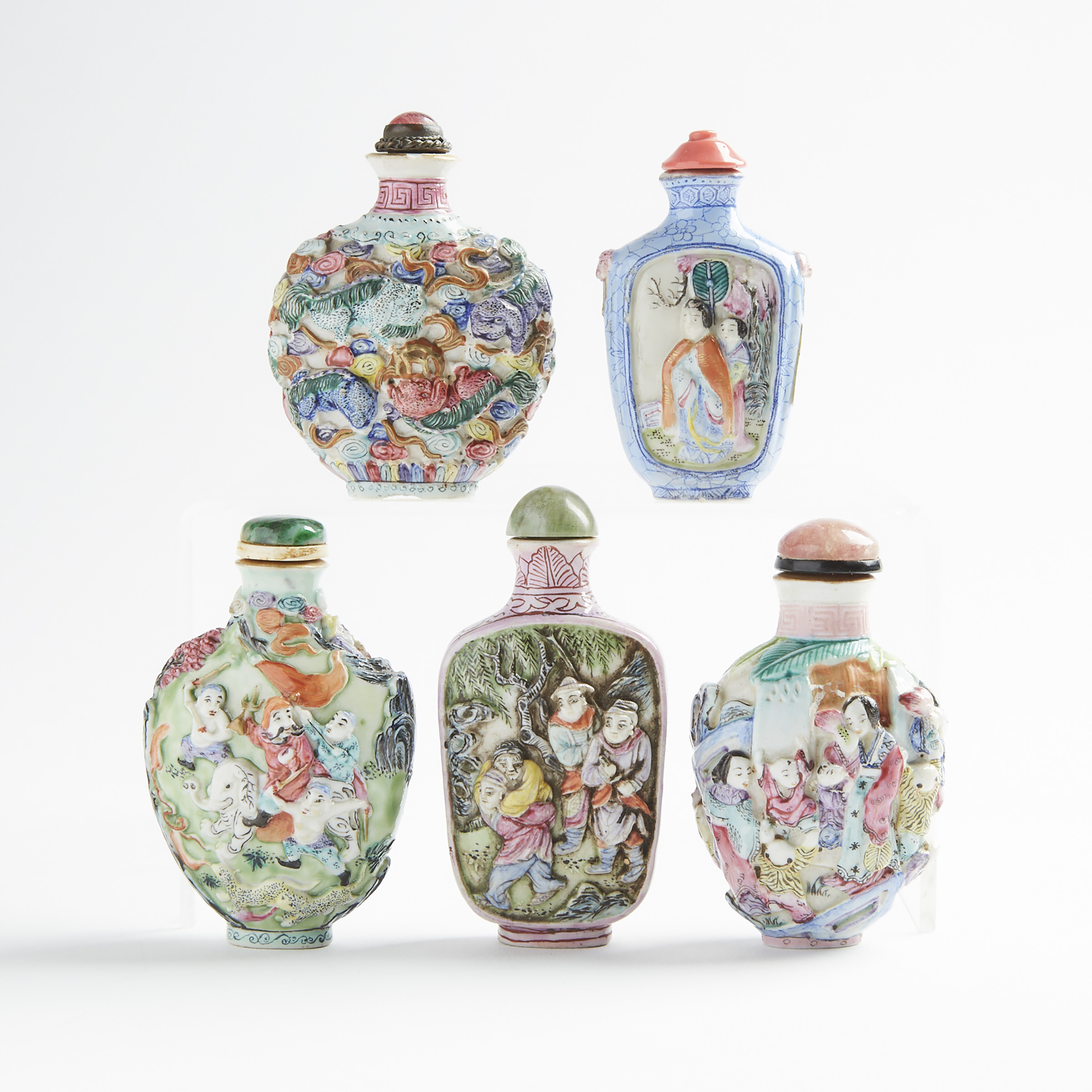A Group of Five Famille Rose Moulded Snuff Bottles, 19th/Early 20th Century