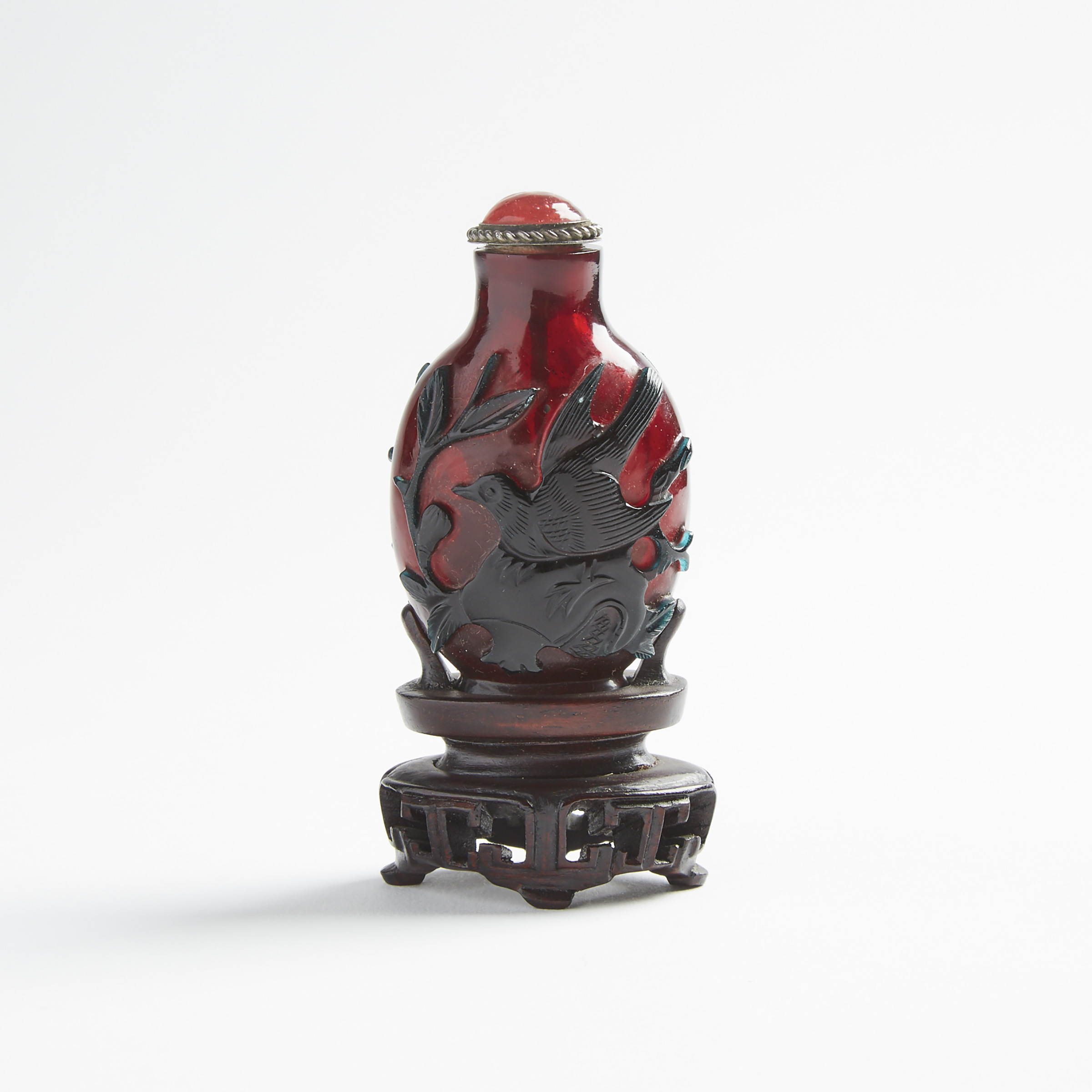 A Dark Olive-Green Overlay Ruby-Red Glass Snuff Bottle, 19th Century
