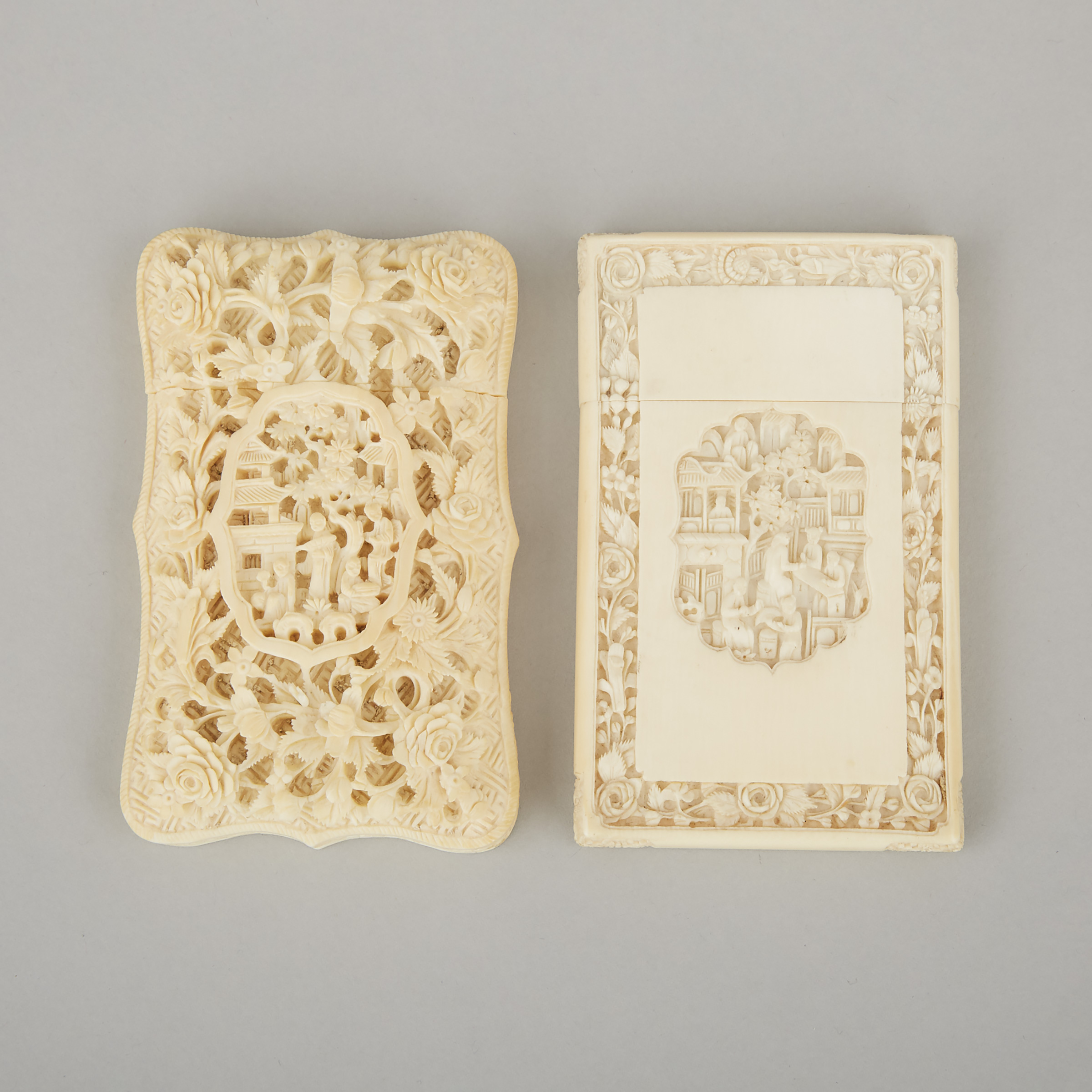 Two Ivory Card Cases with Figural Landscapes, Early 20th Century