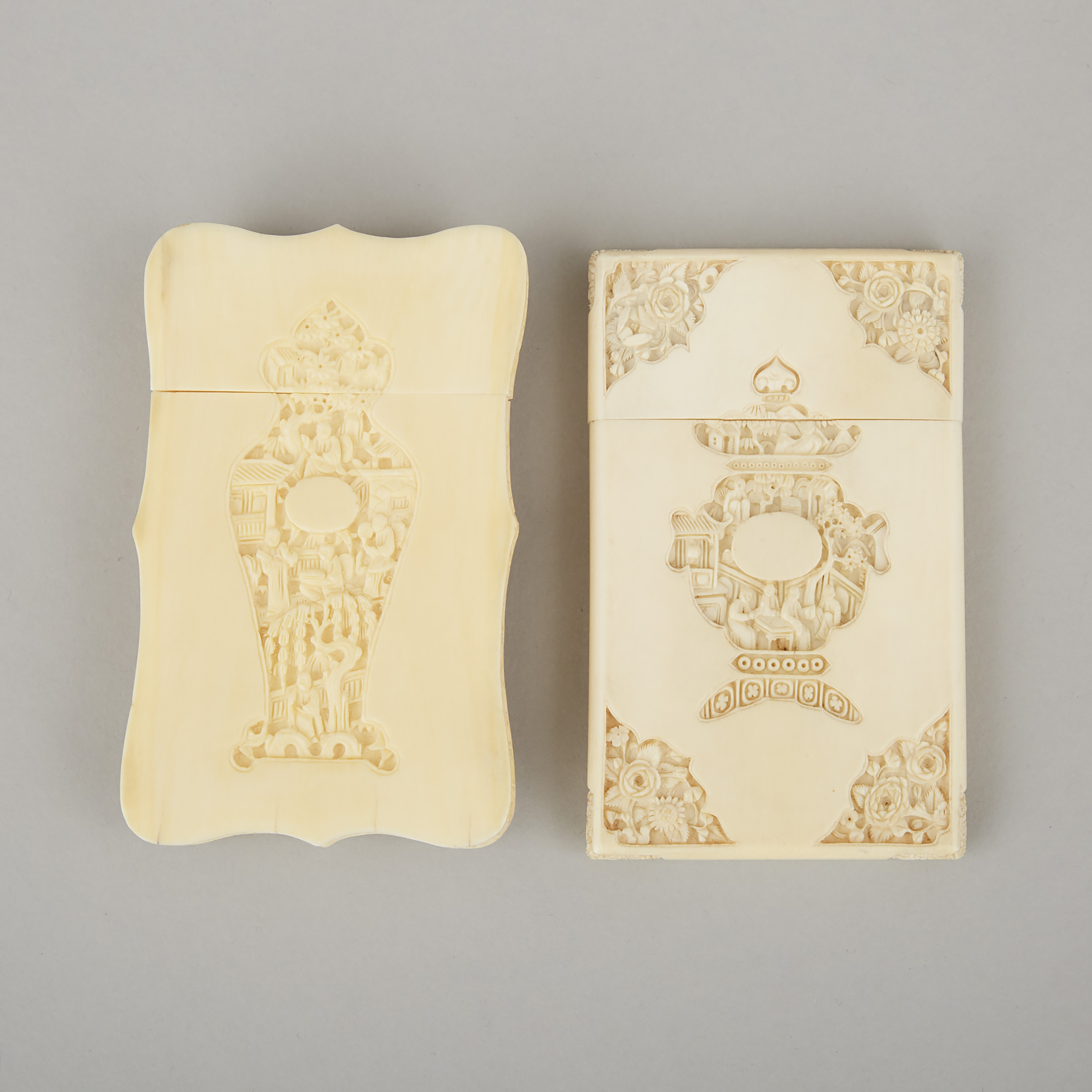 Two Ivory Card Cases with Figural Landscapes, Early 20th Century