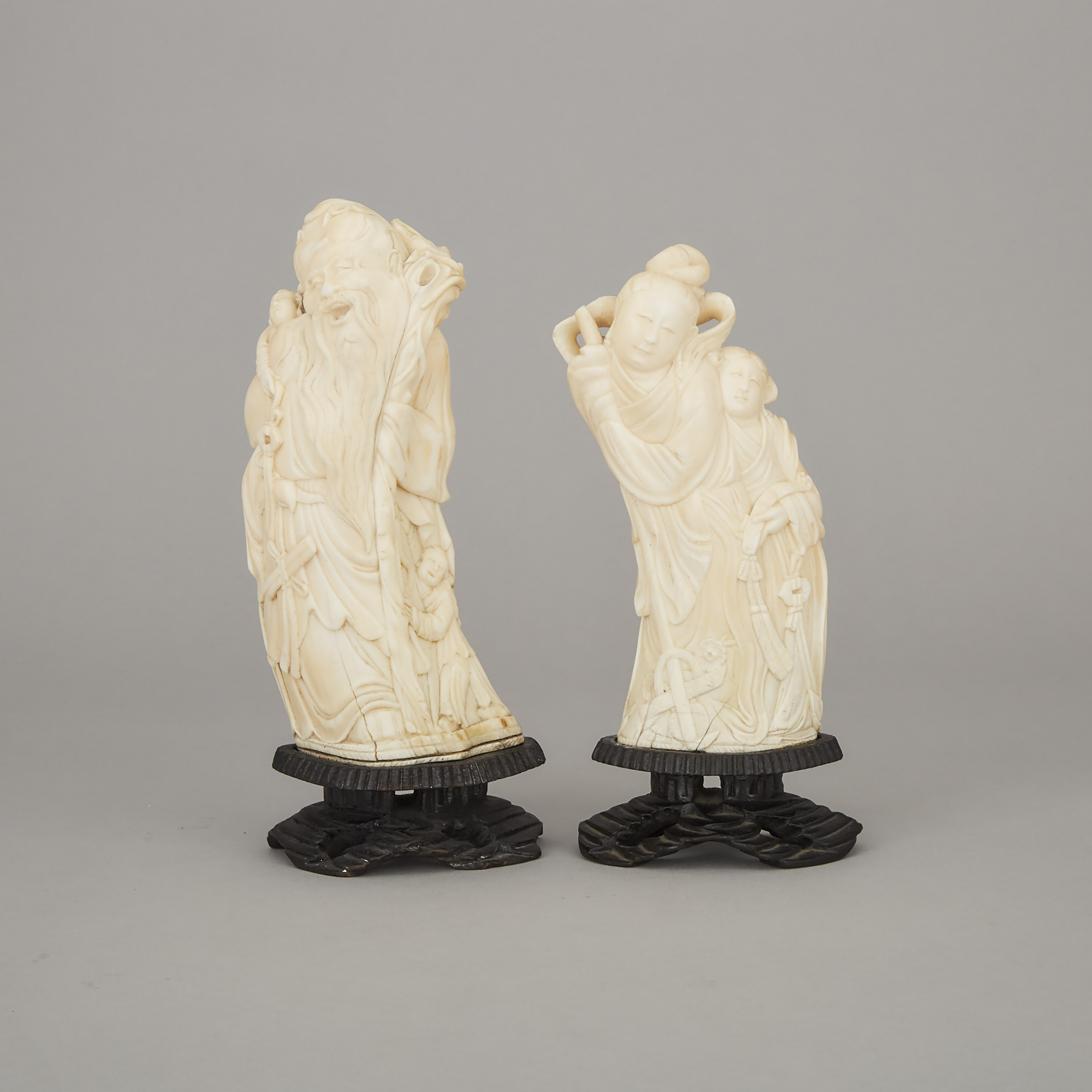 Two Chinese Ivory Carved Figures of Lin Daiyu and Shoulao, Late Qing/Early Republican