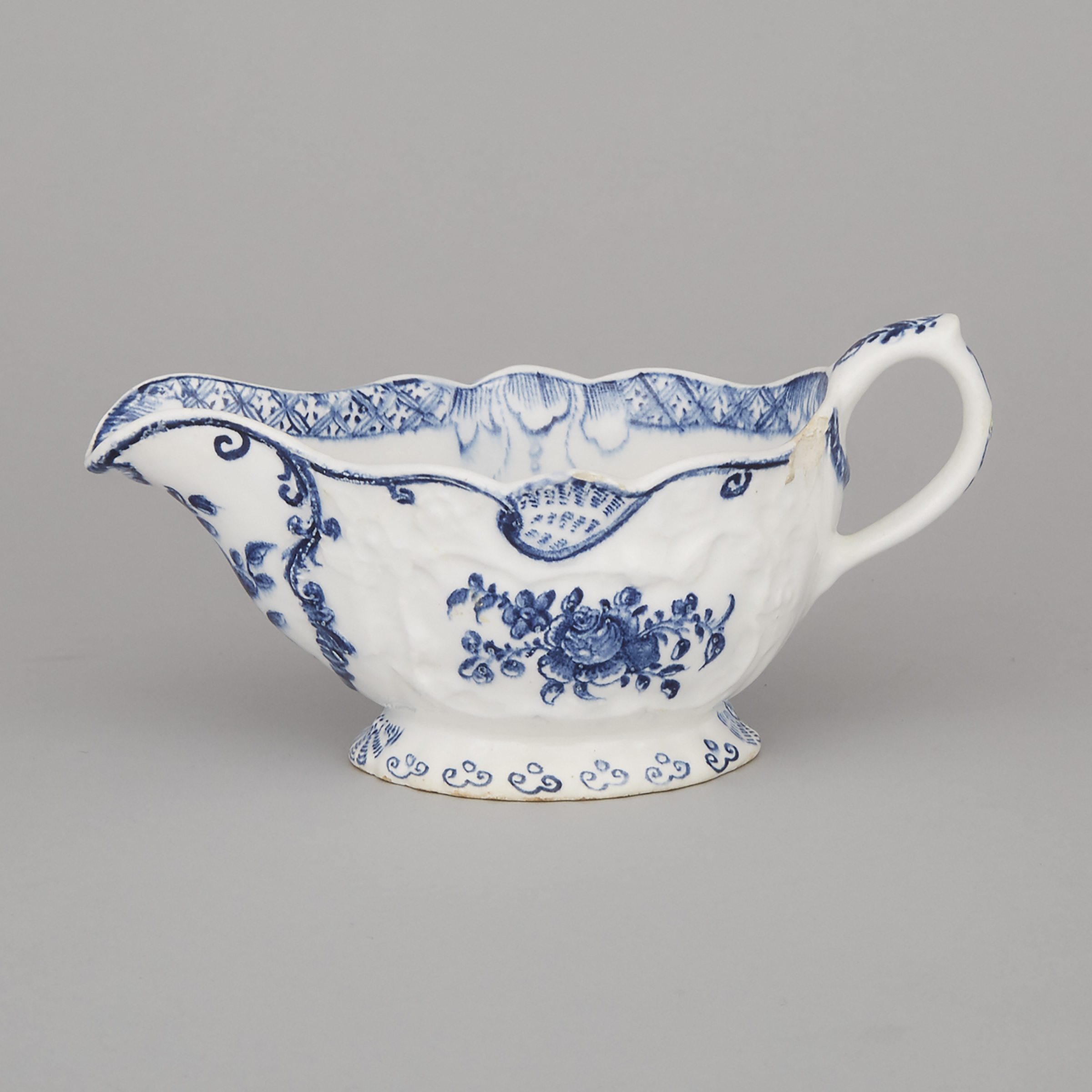 Bow Blue and White Moulded Sauce Boat, c.1770