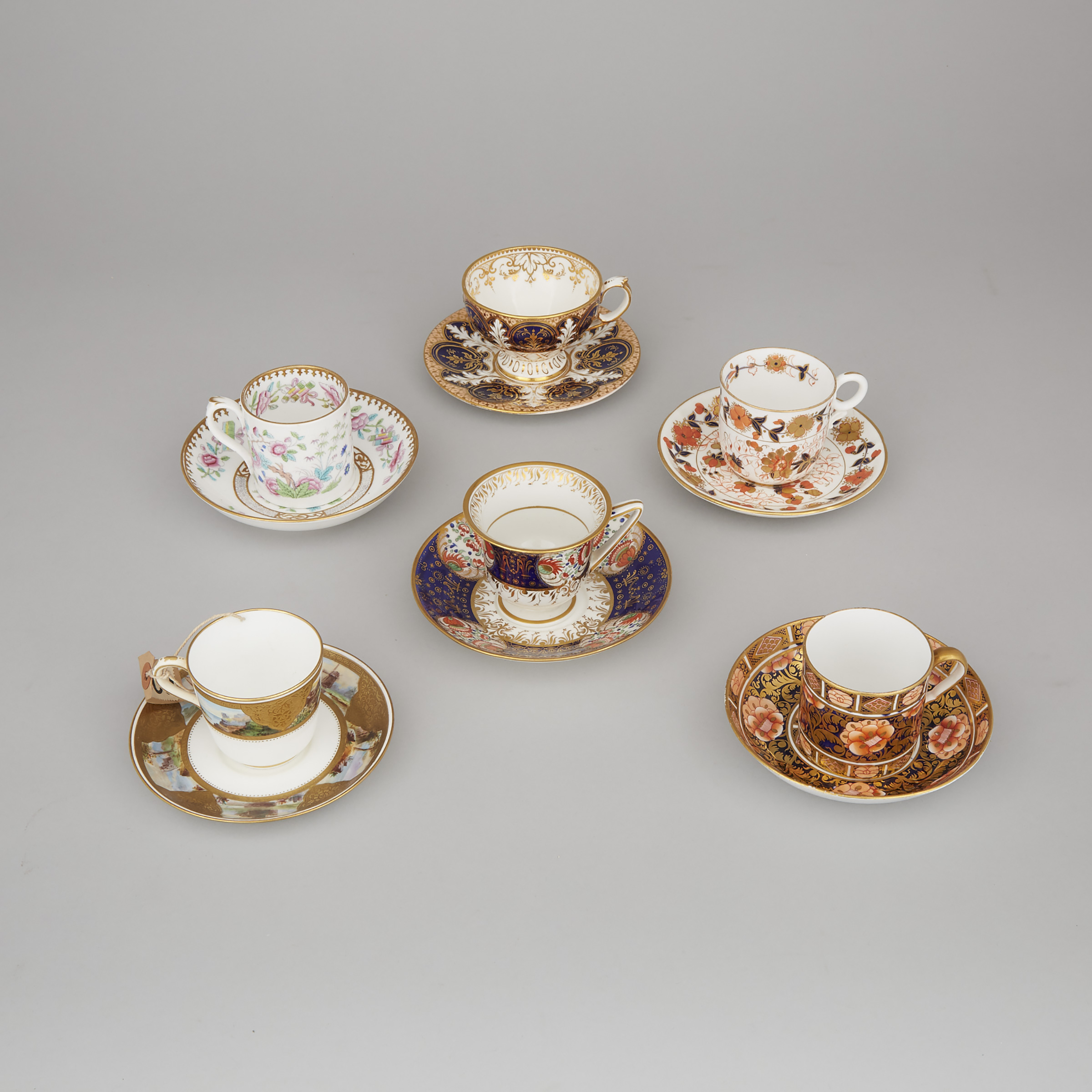Six Various Minton, Davenport and Other English Porcelain Tea Cups and Saucers, 19th/20th century