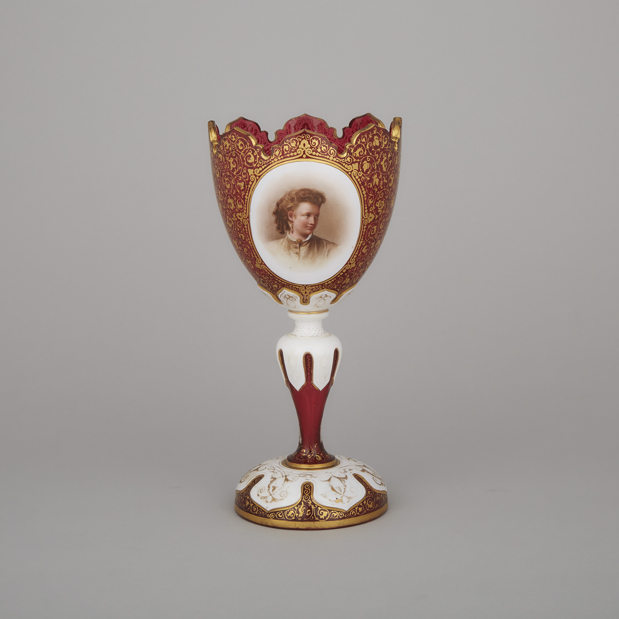 Bohemian Overlaid, Enameled and Gilt Red Glass Portrait Vase, late 19th century